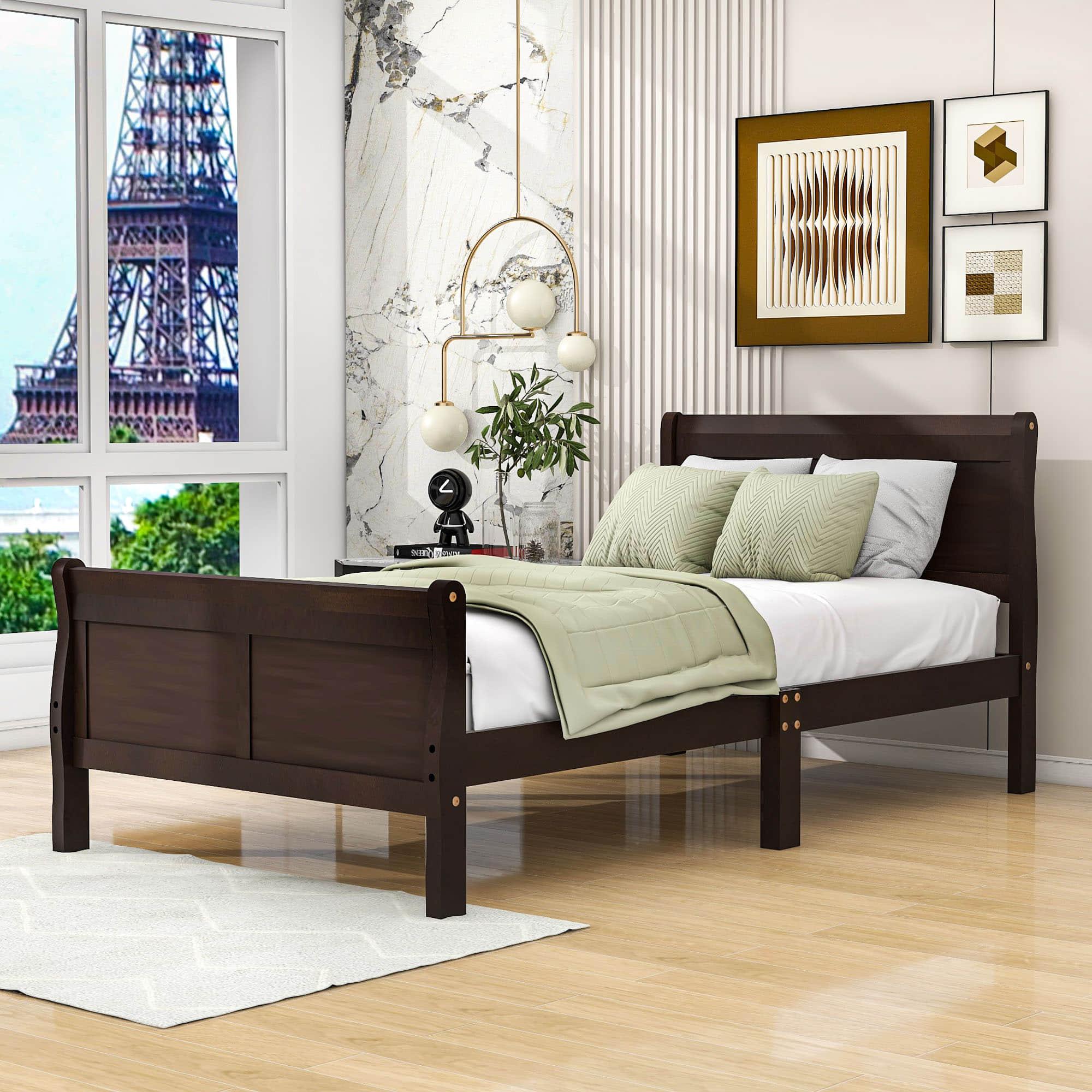 Wooden Twin Sleigh Bed Frame with Headboard and Footboard