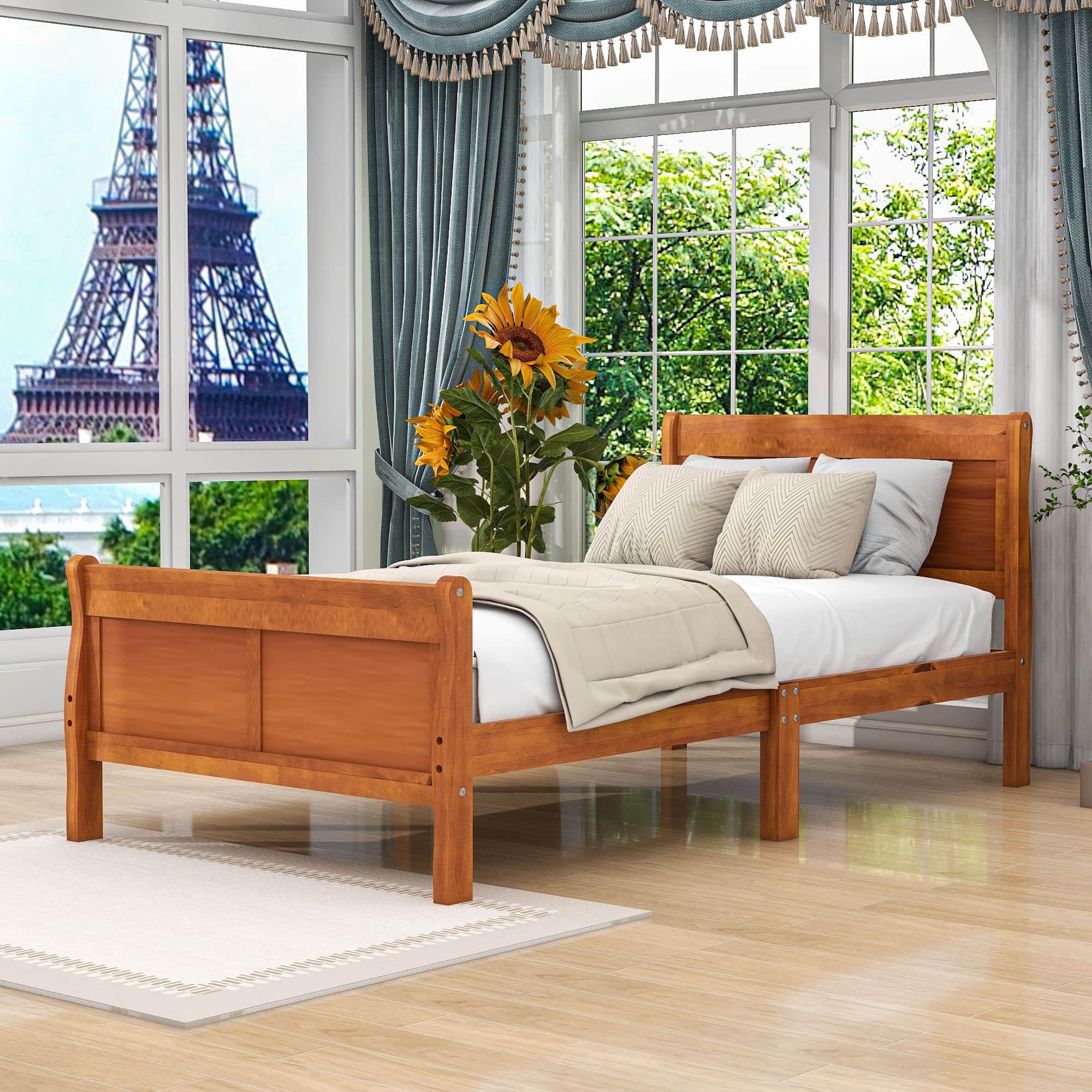 Wooden Twin Sleigh Bed Frame with Headboard and Footboard