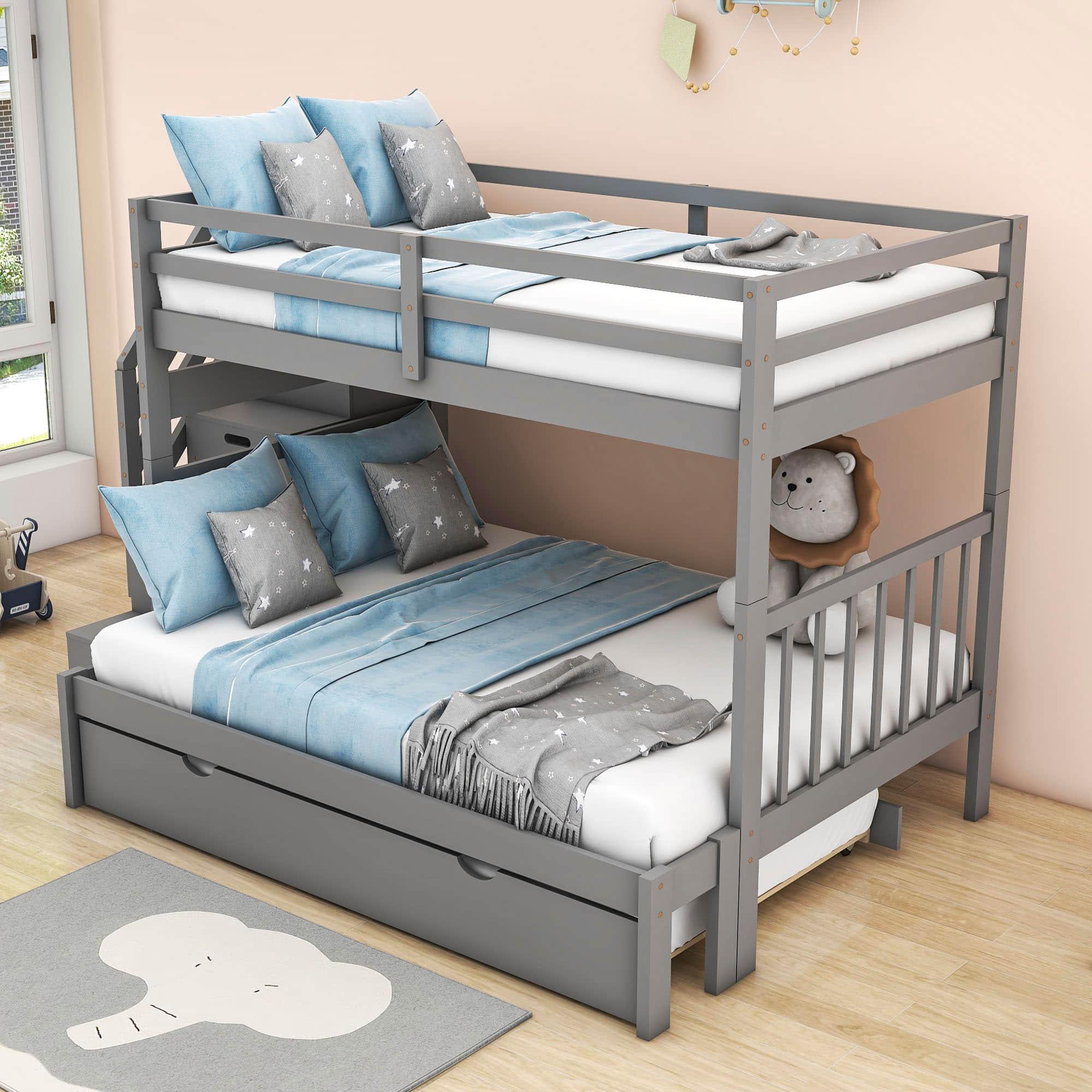 Wood Twin Over Twin / Full Bunk Bed with Trundle and Storage - [Shelves, Drawers, Stairs]