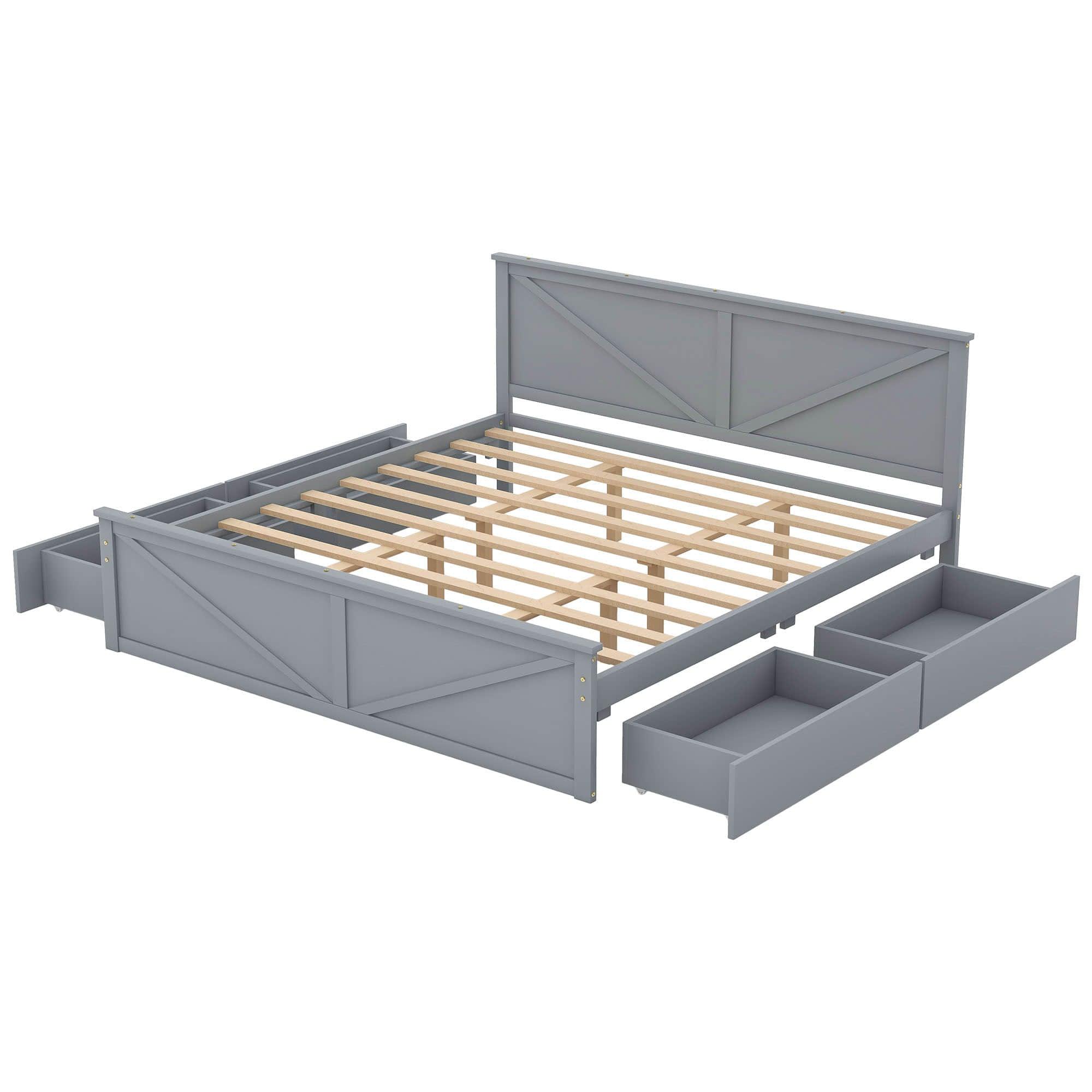 Wooden King Size Platform Bed with Storage and Headboard - [Drawers]