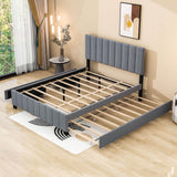 Velvet Upholstered Queen Size Platform Bed with Storage and Trundle