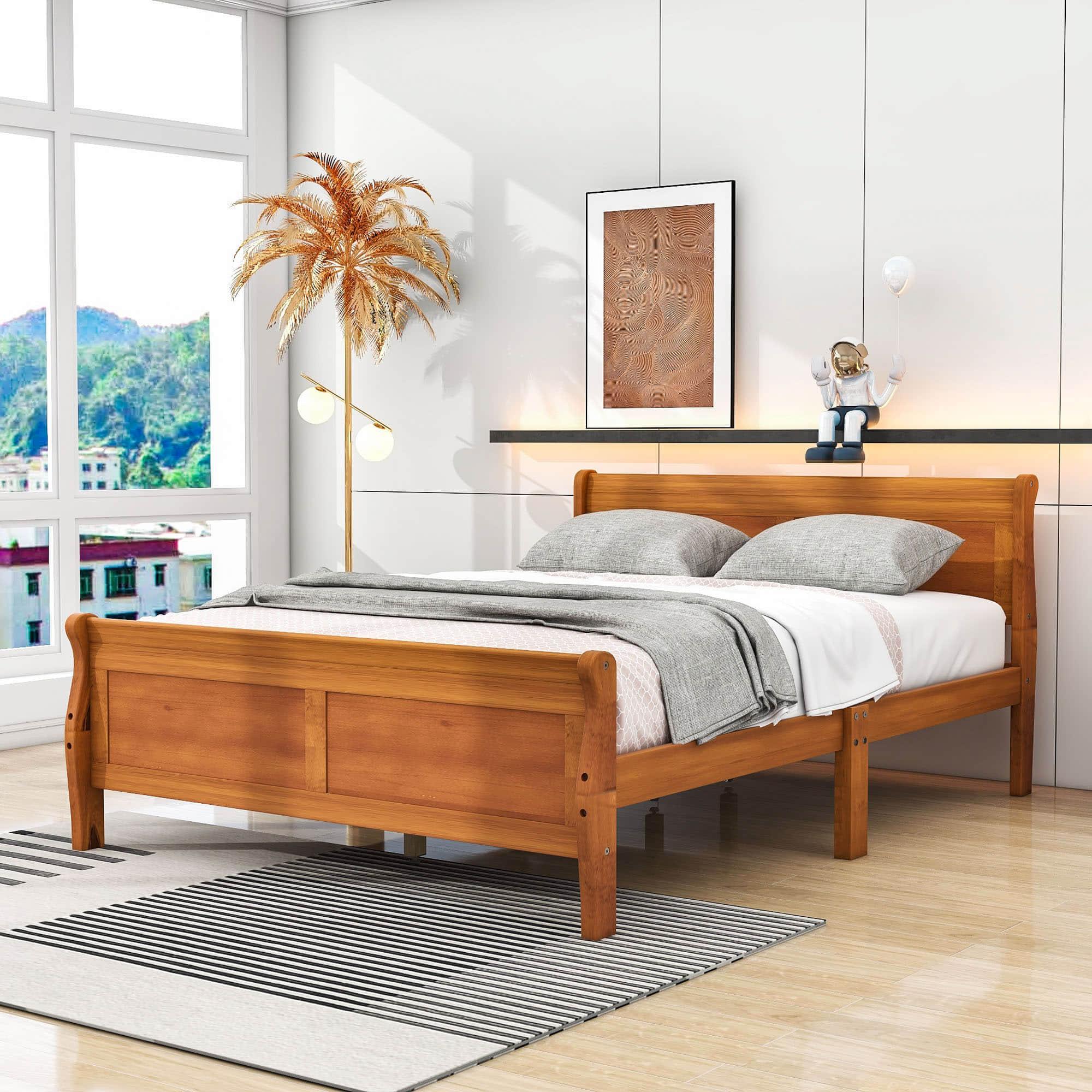 Wooden Queen Size Sleigh Bed with Headboard and Footboard