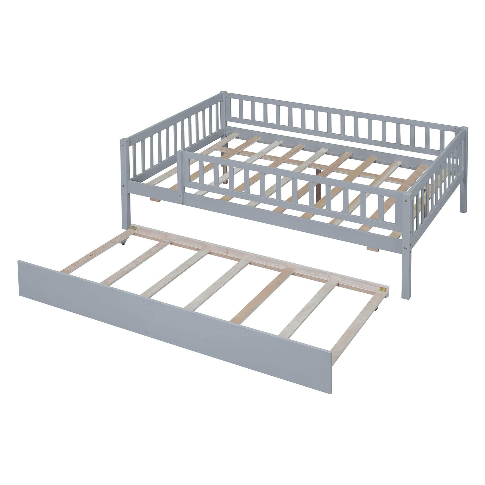 Wooden Full Size Low Kids Bed with Twin Size Trundle and Rails