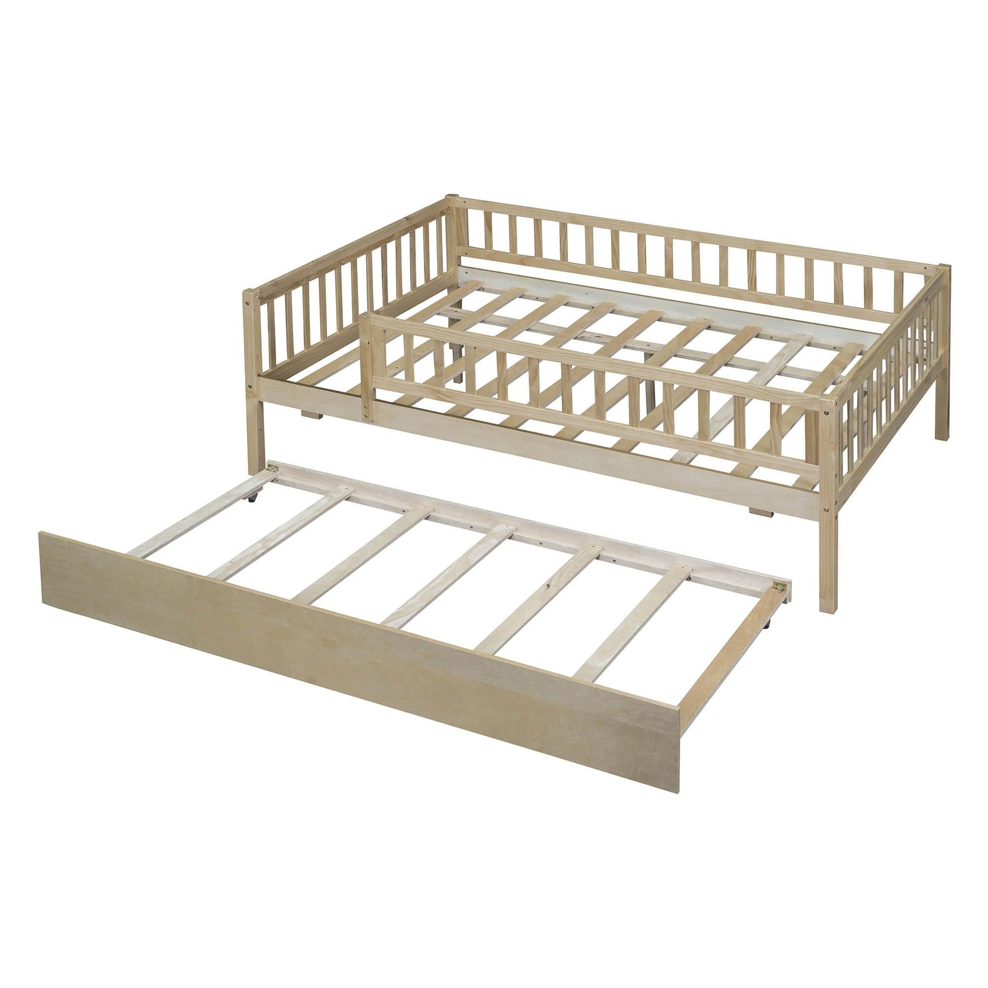 Wooden Full Size Low Kids Bed with Twin Size Trundle and Rails