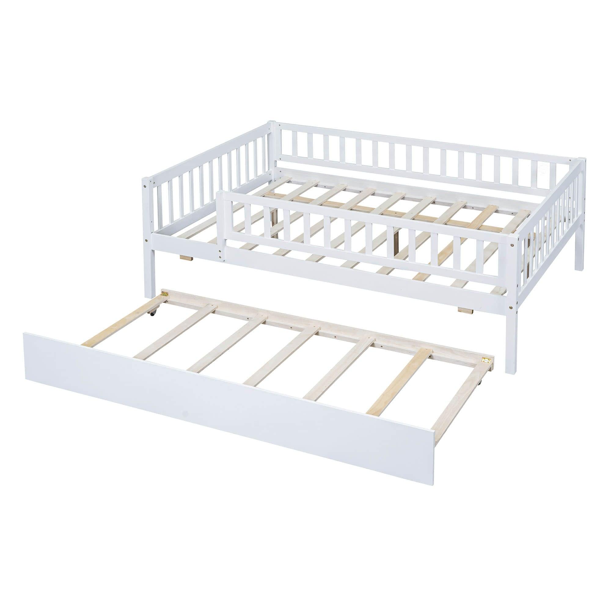 Wooden Full Size Low Kids Bed with Twin Size Trundle and Rails