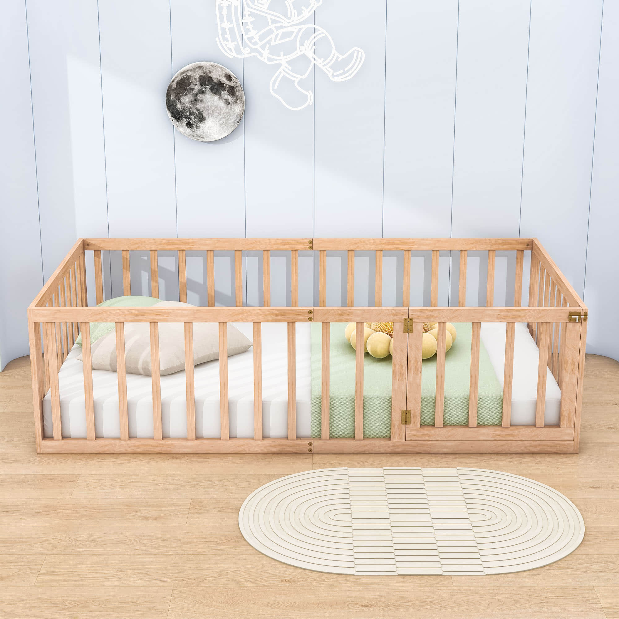 Wood Twin Size Montessori Toddler Floor Bed Frame with Rails and Door