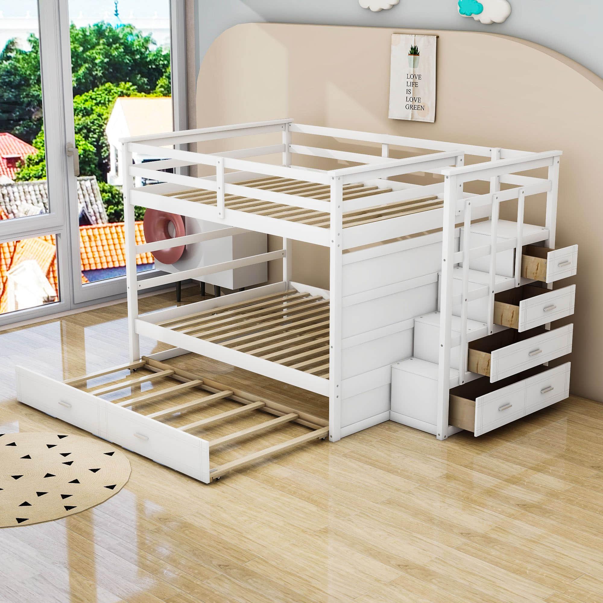 Full Size Bunk Beds with Stairs and Trundle, Storage for Kids, Adults