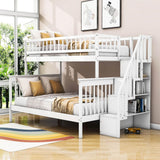 Twin Over Full Wooden Bunk Beds with Stairs and Storage Shelves