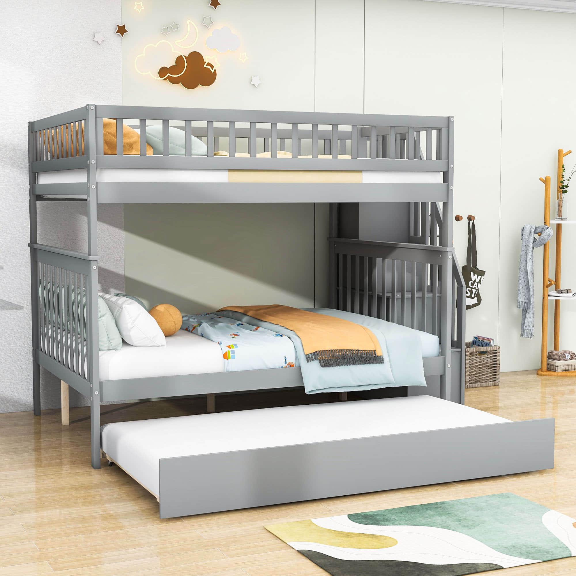 Wooden Full Size Bunk Bed with Stairs and Trundle, Storage Shelves