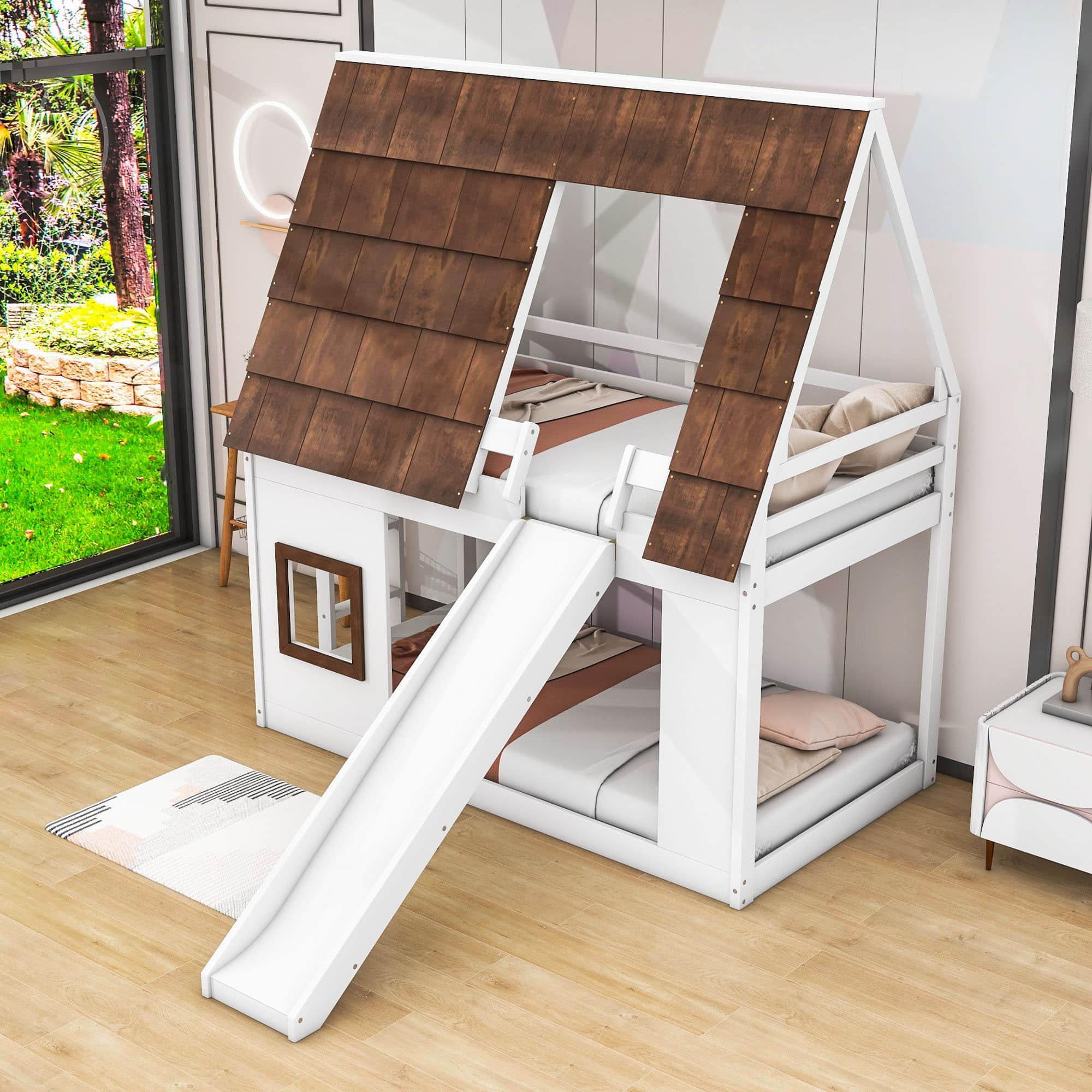 Fun Twin Low Loft Farm House Bunk Bed with Slide - [Wooden]