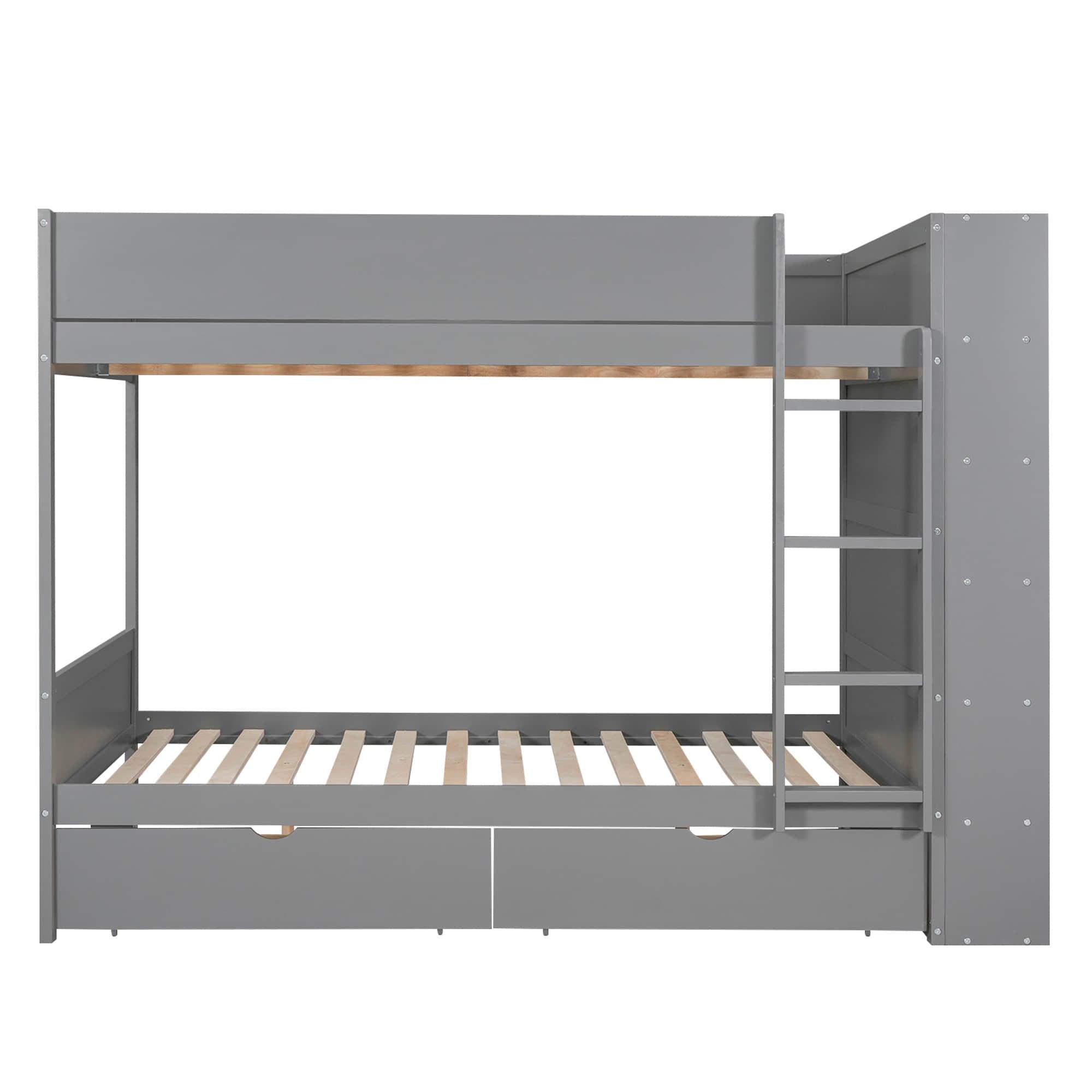 Wooden Full Over Full Bunk Beds with Storage Drawers, Shelves