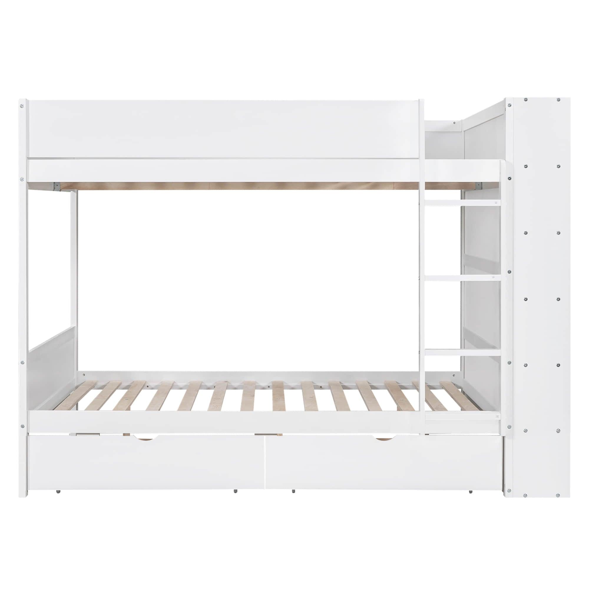 Wooden Full Over Full Bunk Beds with Storage Drawers, Shelves