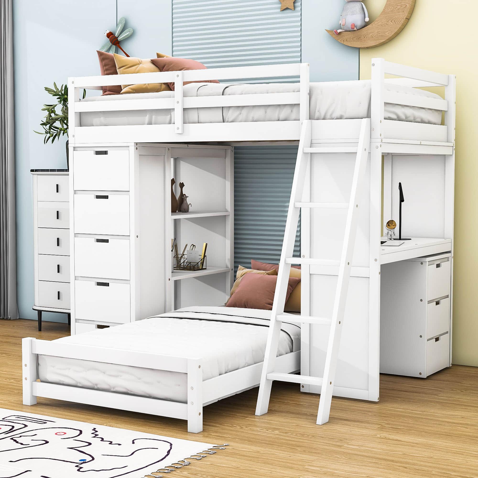 Smart Twin Over Twin Bunk Beds with Desk and Storage Chest, Drawers