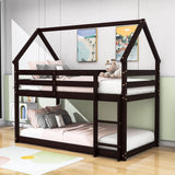 Small Low Twin Over Twin House Floor Bunk Beds for Kids, Toddler