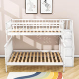 Twin Over Full Wooden Bunk Beds with Stairs and Storage Shelves