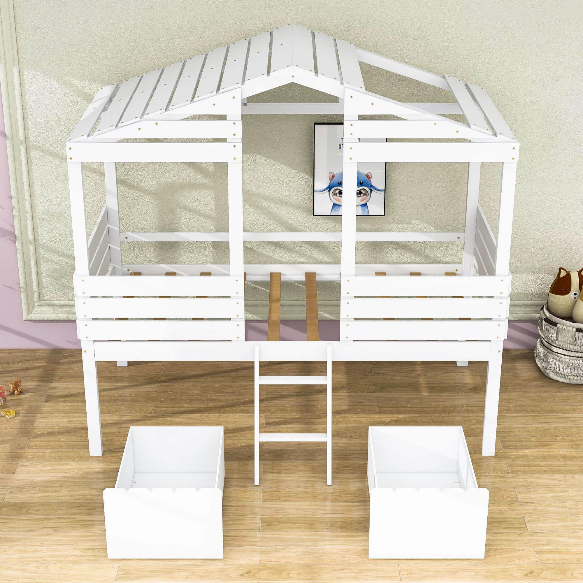 Twin Low Loft FarmHouse Bed with Storage Drawers for Kids - [Wood]