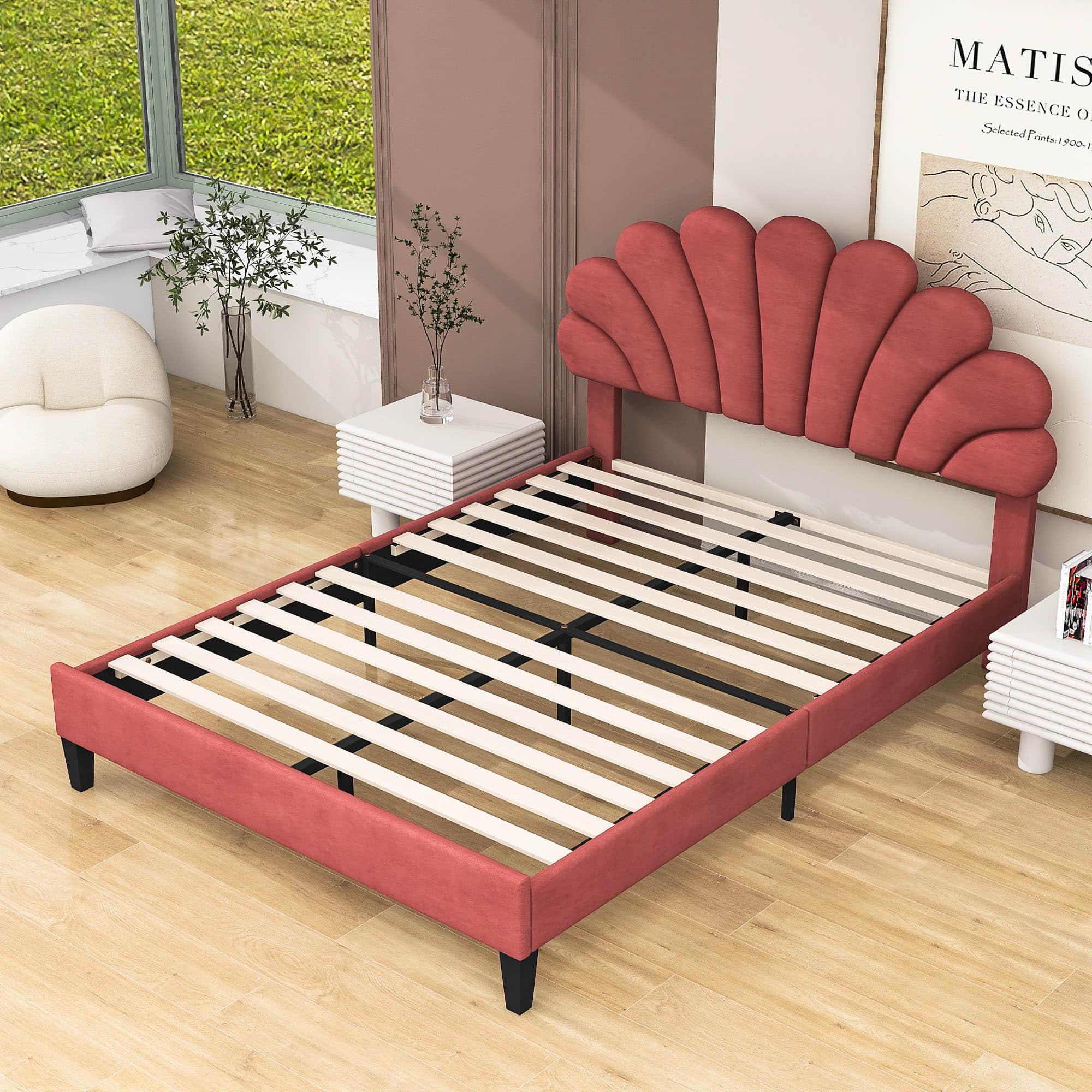 Modern Queen Size Velvet Upholstered Platform Bed Frame with Headboard