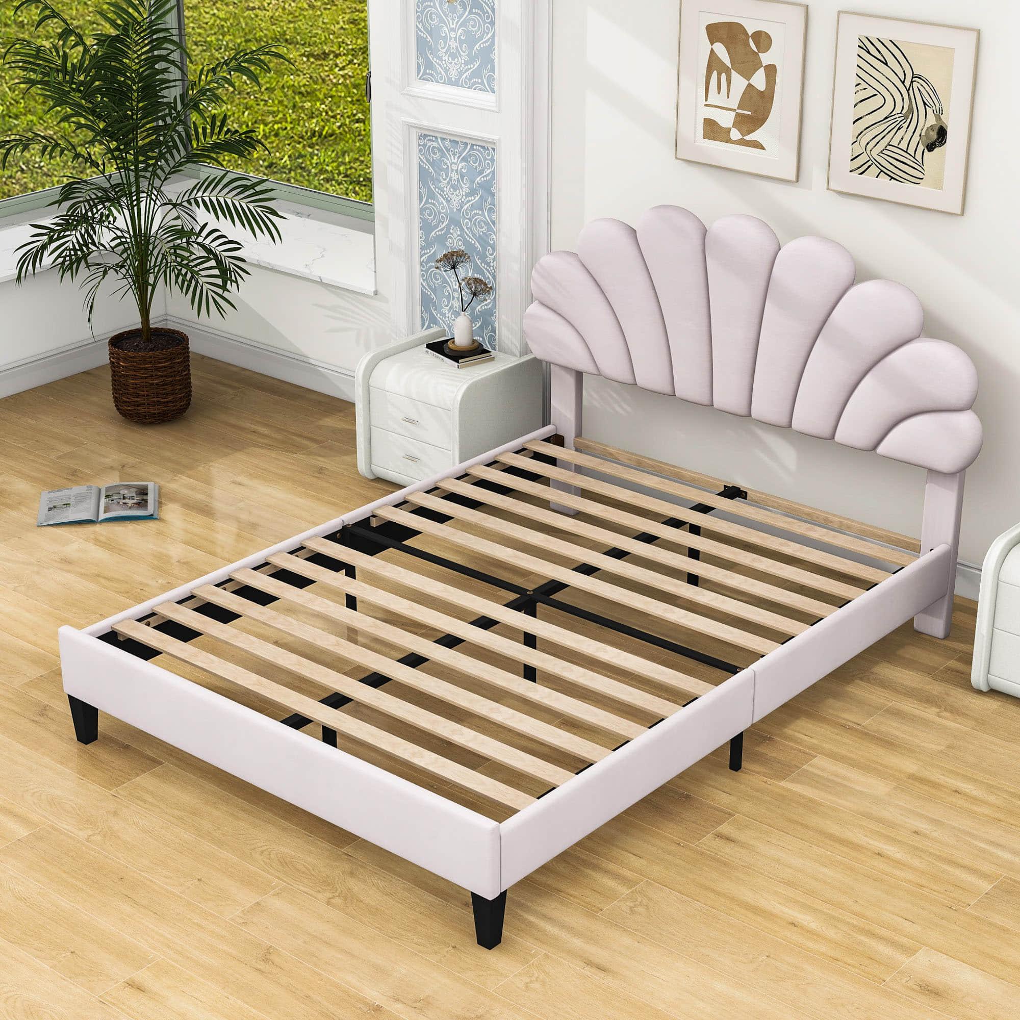 Modern Queen Size Velvet Upholstered Platform Bed Frame with Headboard