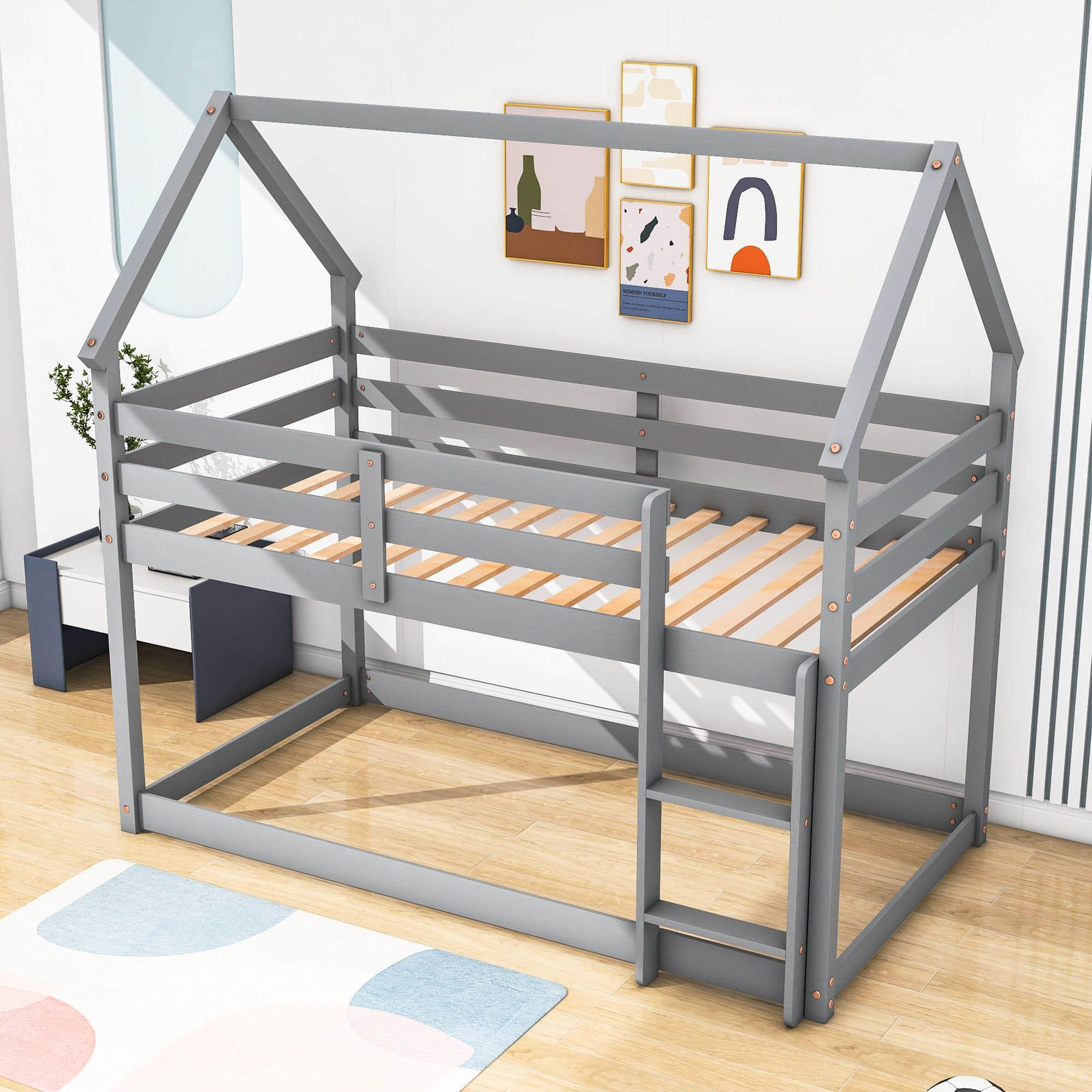 Small Low Twin Over Twin House Floor Bunk Beds for Kids, Toddler