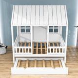 Wooden Full Size Kids House Bed with Twin Trundle Bed and Rails