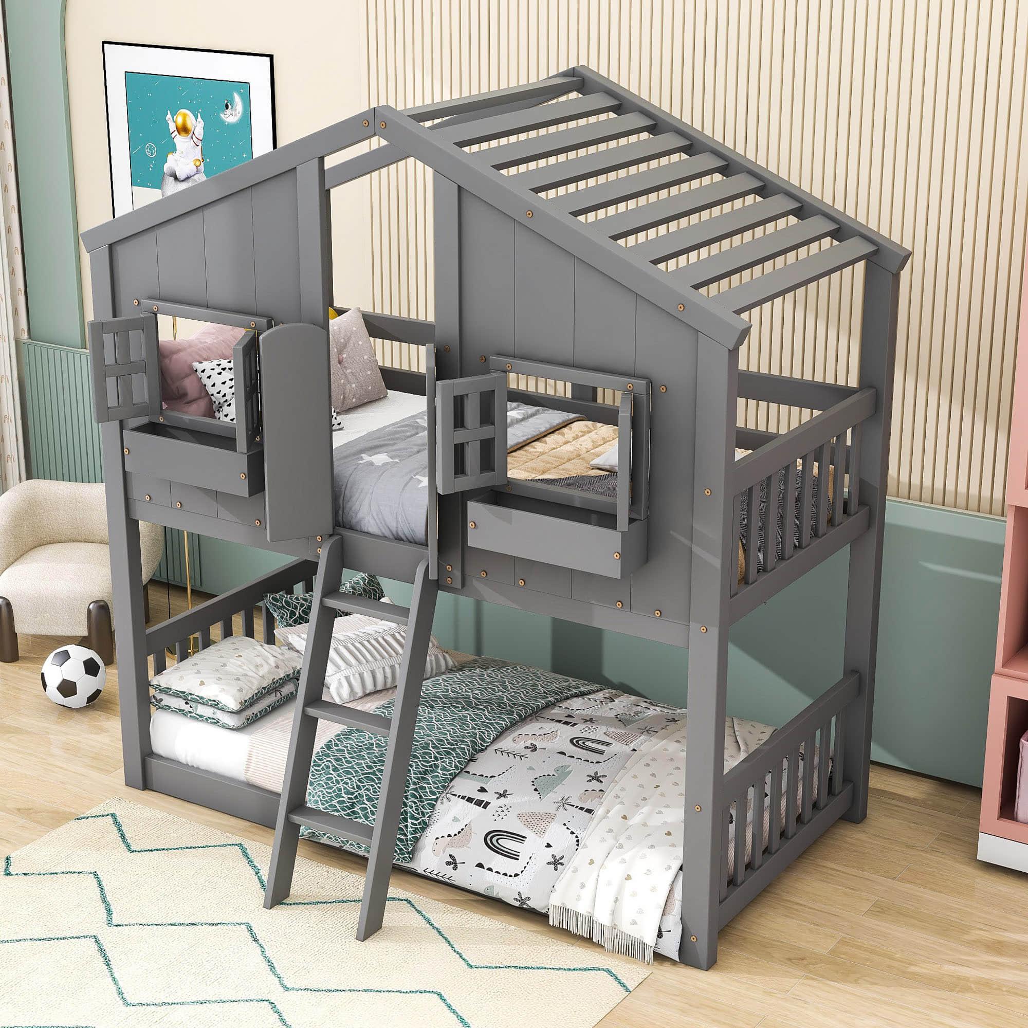 Low Twin Over Twin FarmHouse Bunk Beds for Kids, Toddler - [Wooden, Floor]