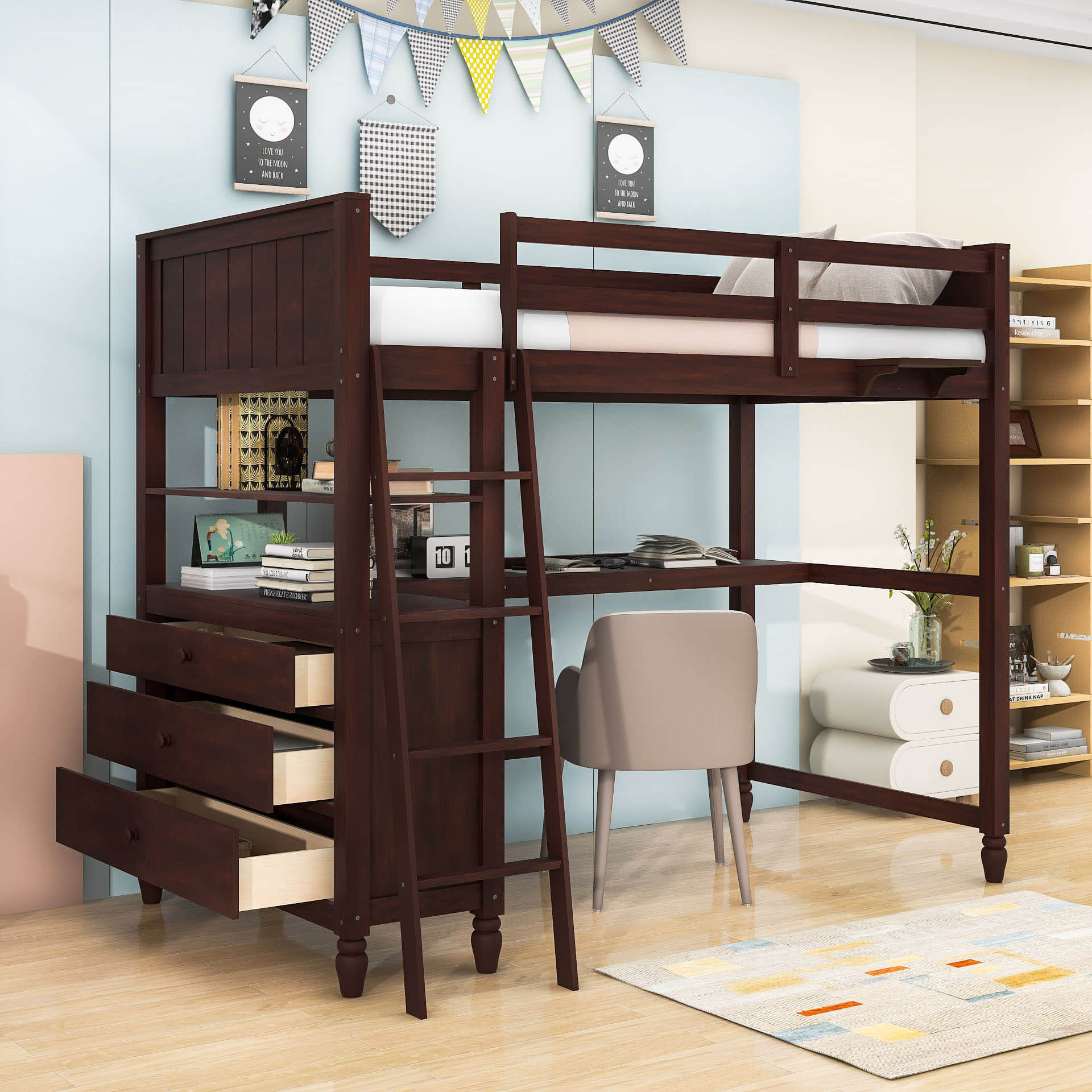 Twin Size Convertible Loft Bed with Desk and Storage - [Dresser, Shelves]