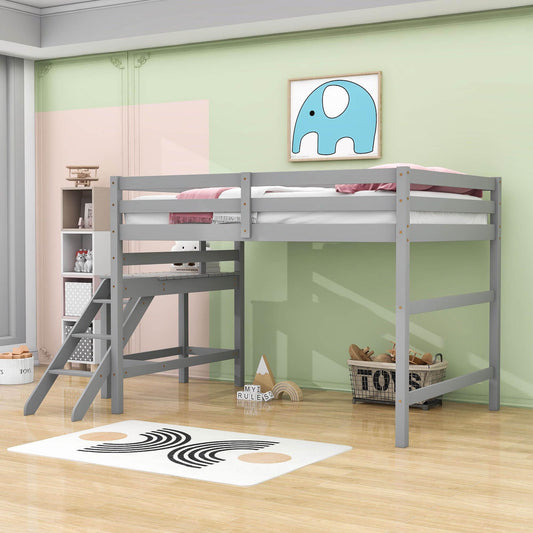 Full Size Low Wooden Loft Bed with Ladder for Kids