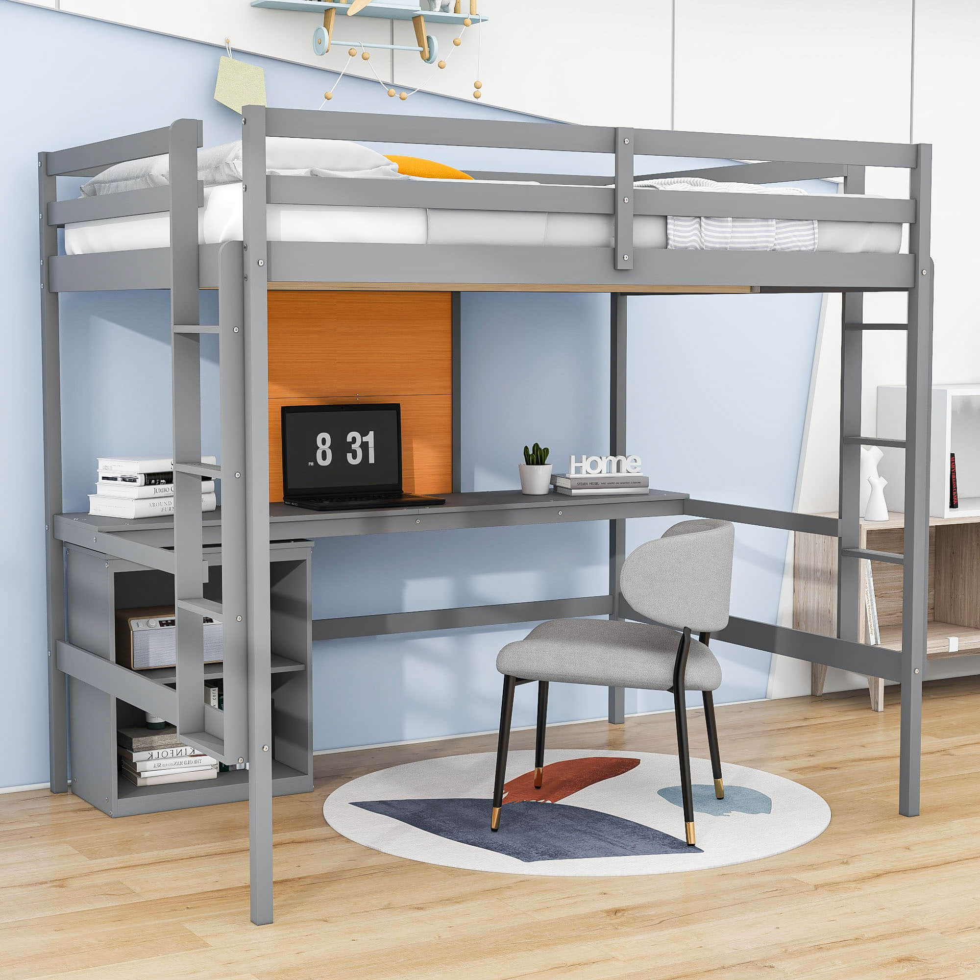 Full Size Loft Bed with Desk and Storage, Writing Board for Adults