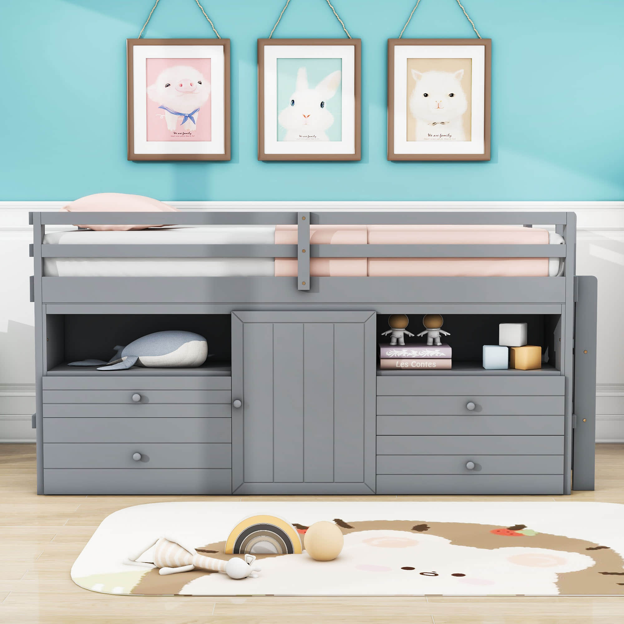 Low Twin Loft Bed Frame with Storage for Kids - [Drawers, Cabinet, Shelves]