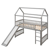 Twin Size Low House Loft Bed with Slide for Kids - [Wood]