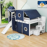 Wood Full Size Low Loft House Bed with Stairs and Slide for Kids