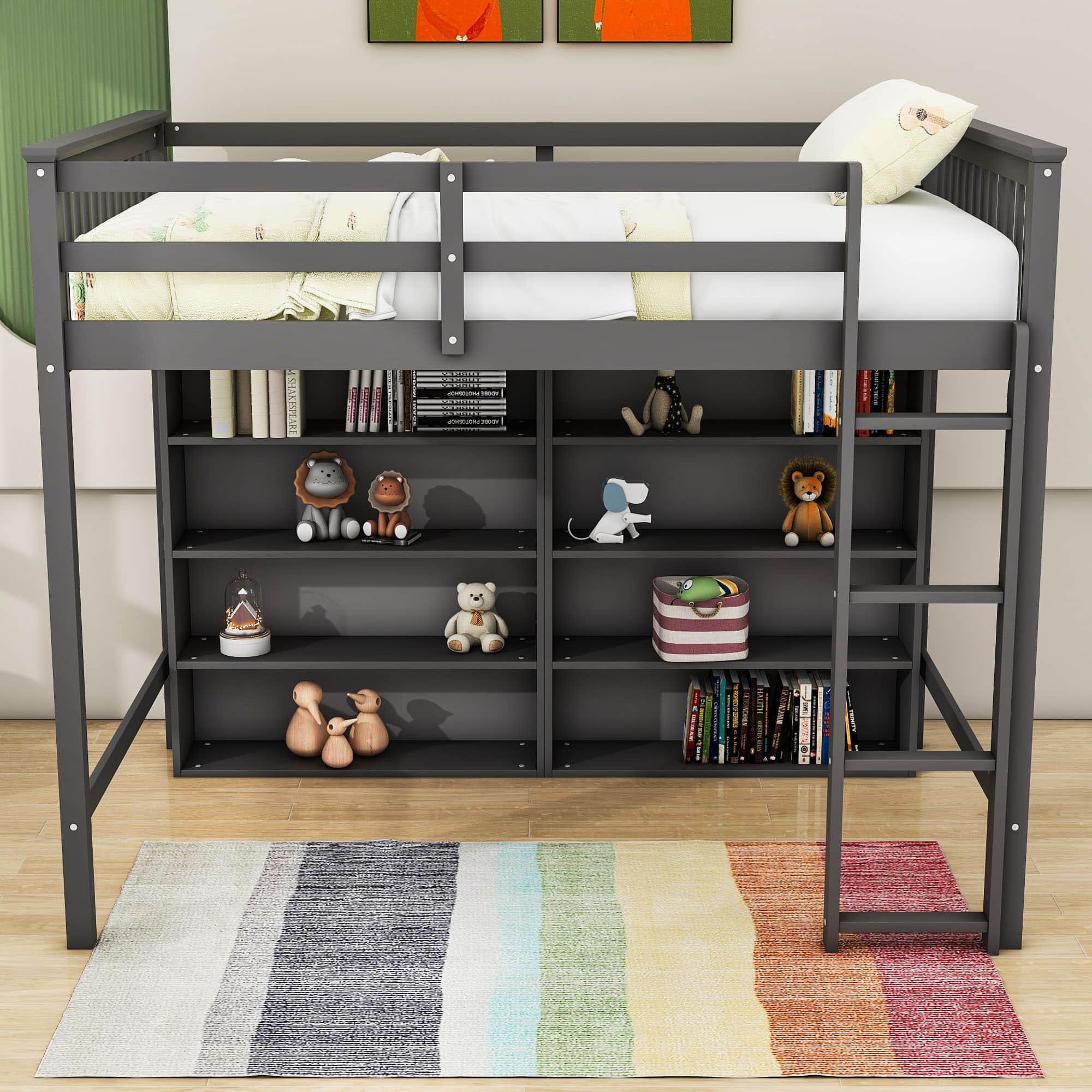 Full Size Loft Bed with Large Open Storage Shelves for Adults, Kids