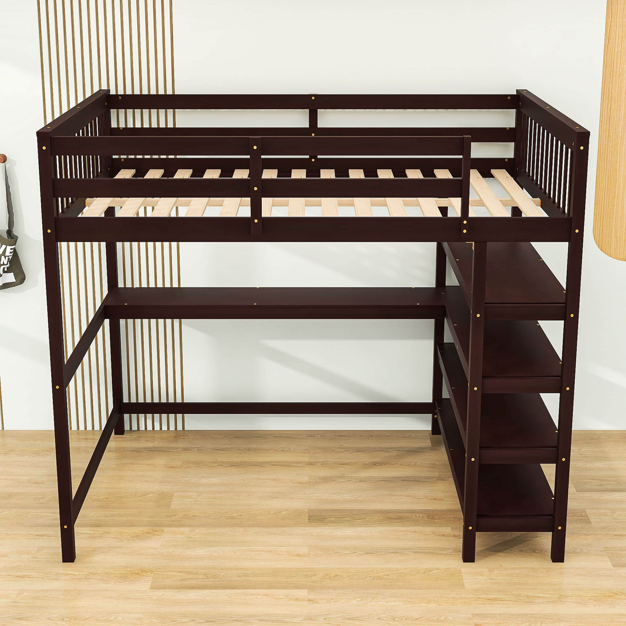 Full Size Loft Bed with Desk and Storage Shelves for Adults, Kids