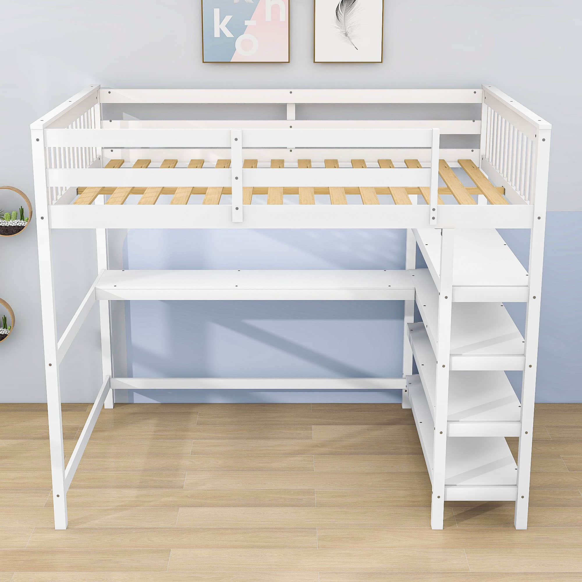 Full Size Loft Bed with Desk and Storage Shelves for Adults, Kids