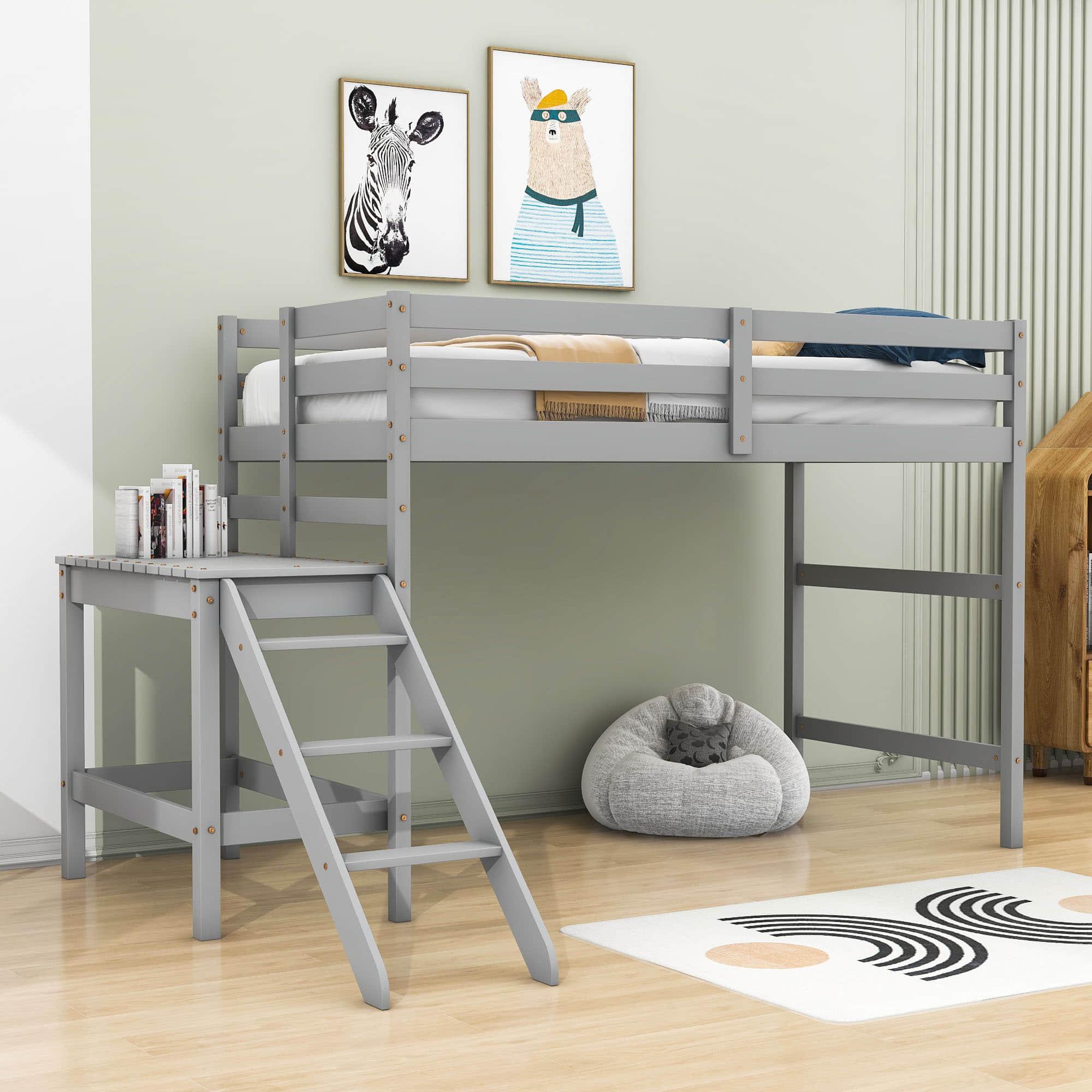 Wooden Twin Loft Bed with Ladder Platform for Adults, Junior