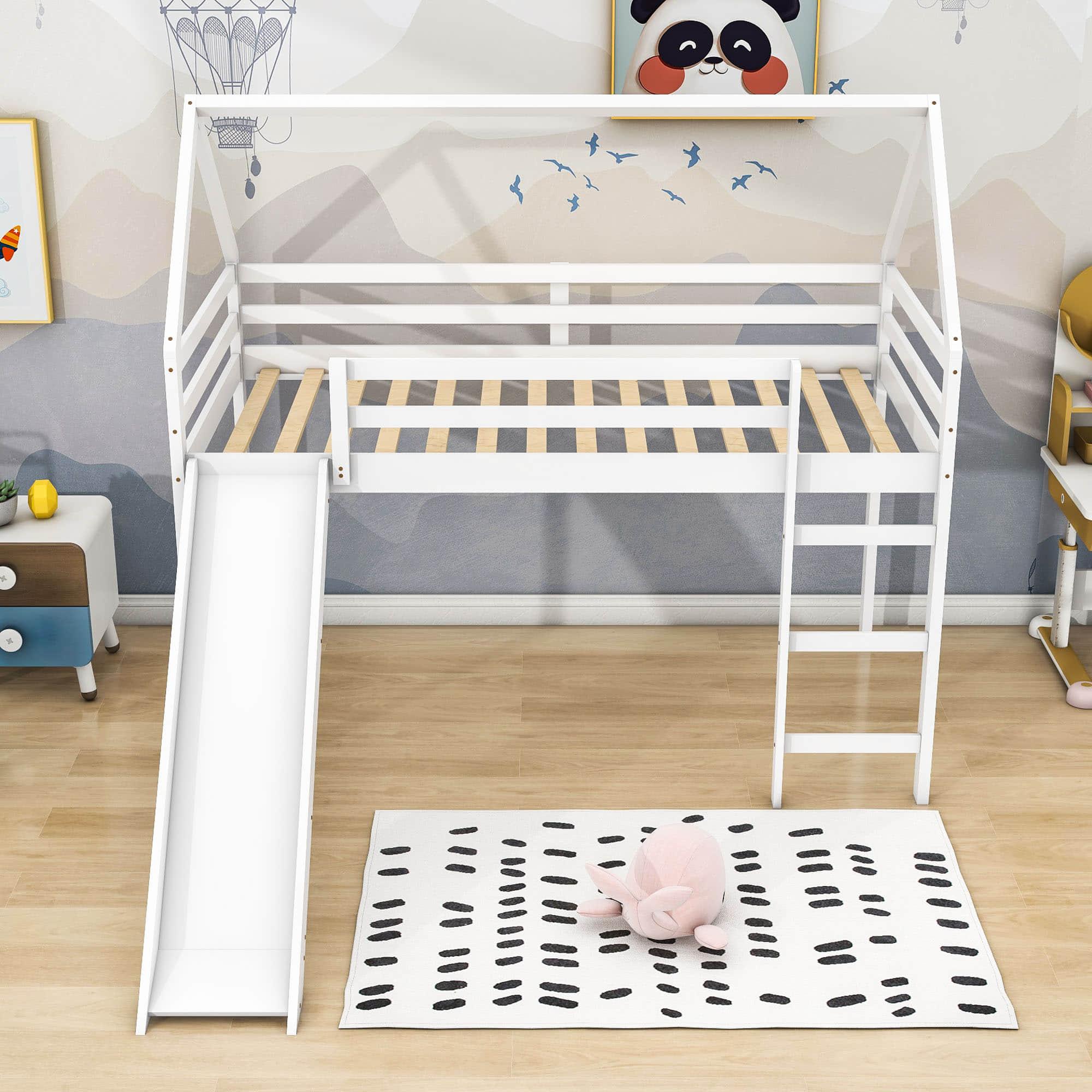 Wood House Twin Loft Bed for Kids with Slide