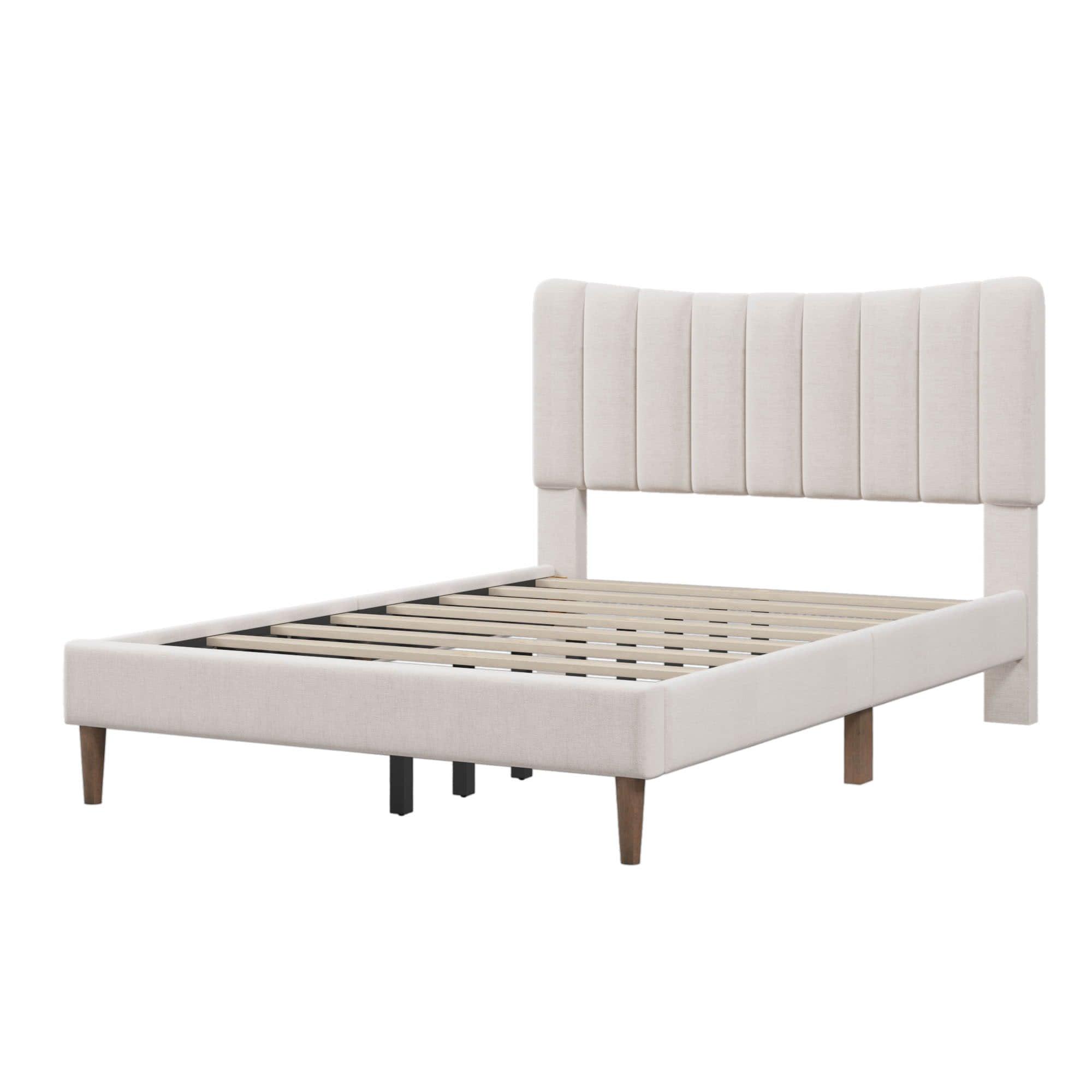 Full Size Linen Upholstered Platform Low Bed Frame with Headboard