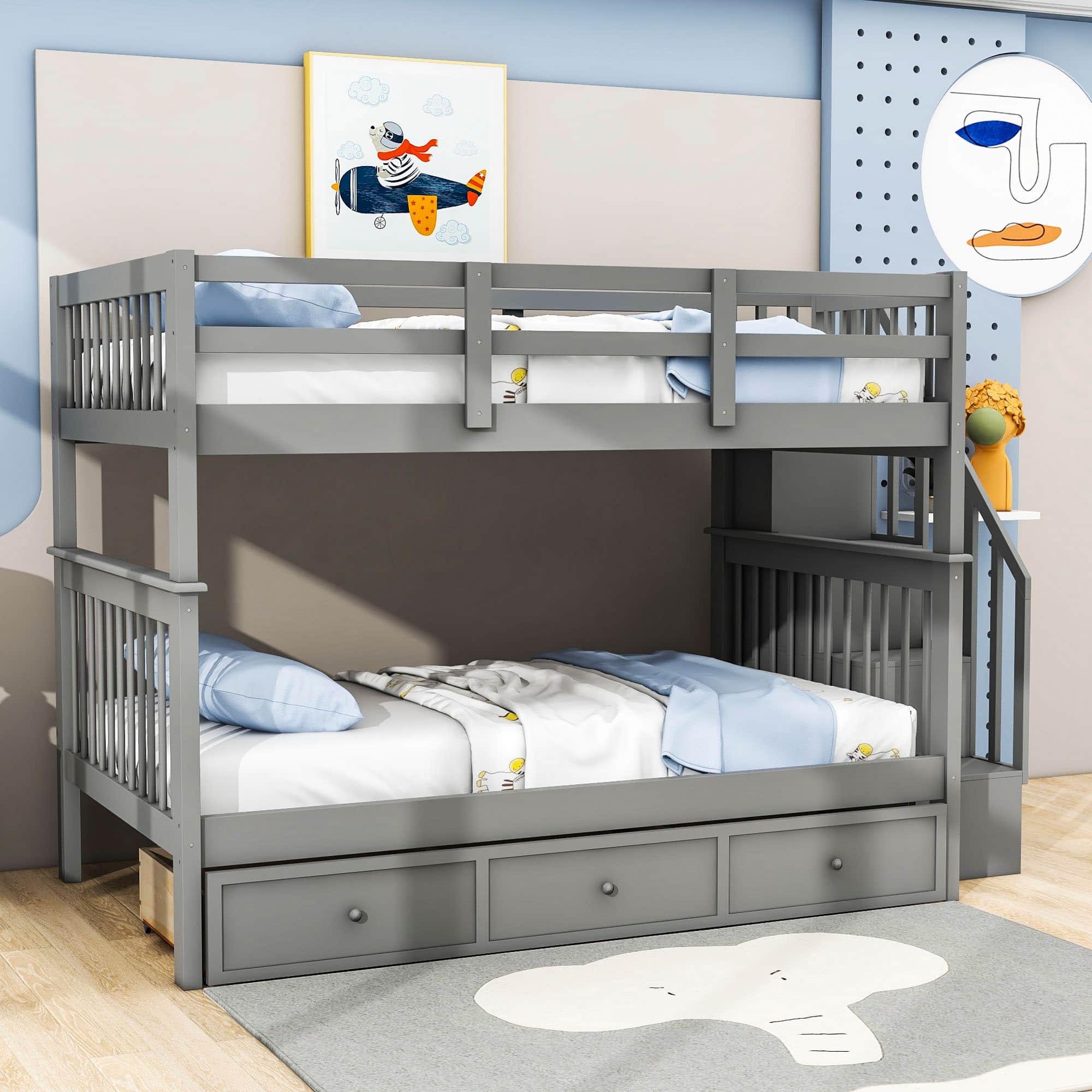 Wood Full Over Full Bunk Bed with Storage and Stairs - [Drawers, Shelves, Class]