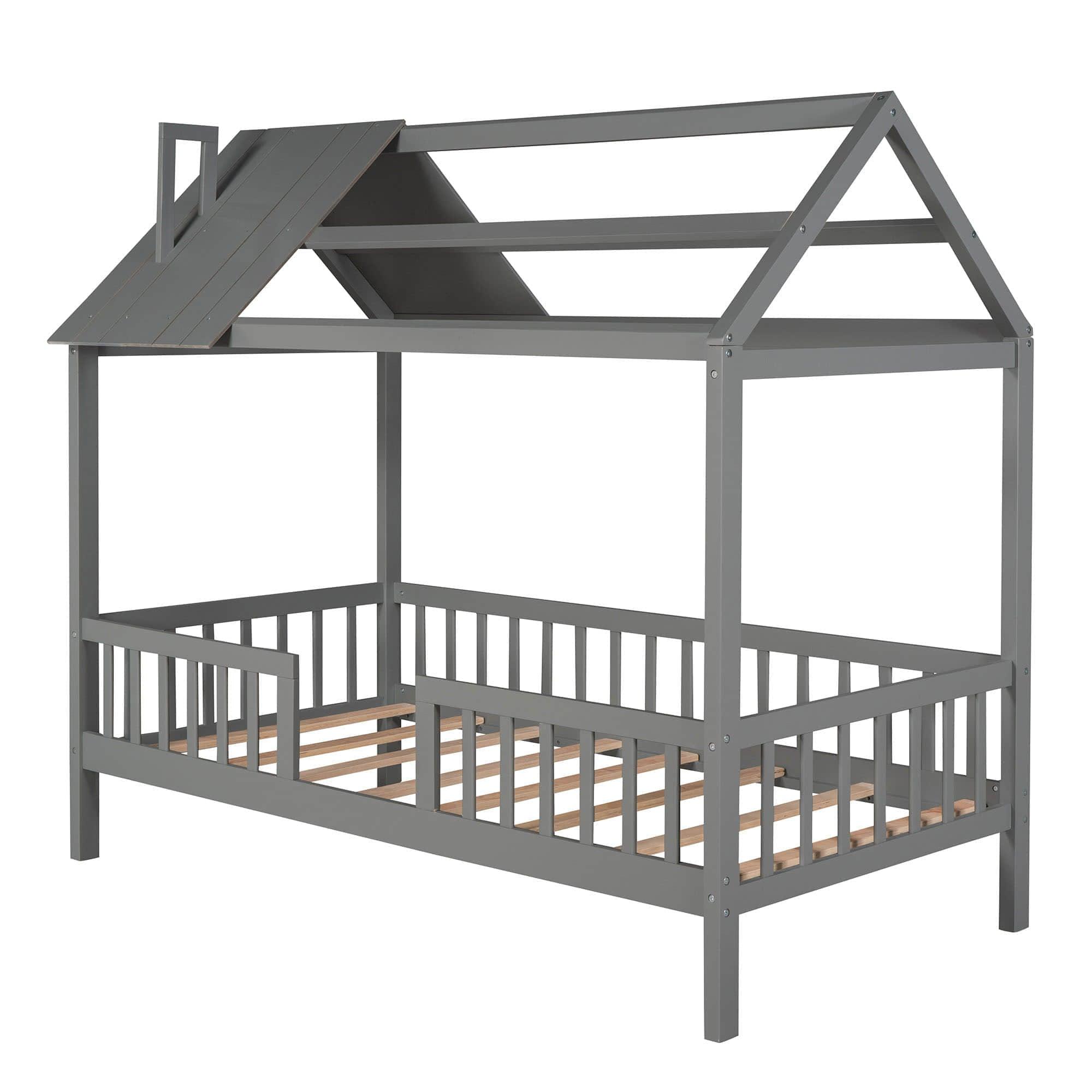 Twin Size Montessori Wooden Kids Low Farmhouse Bed Frame with Rails