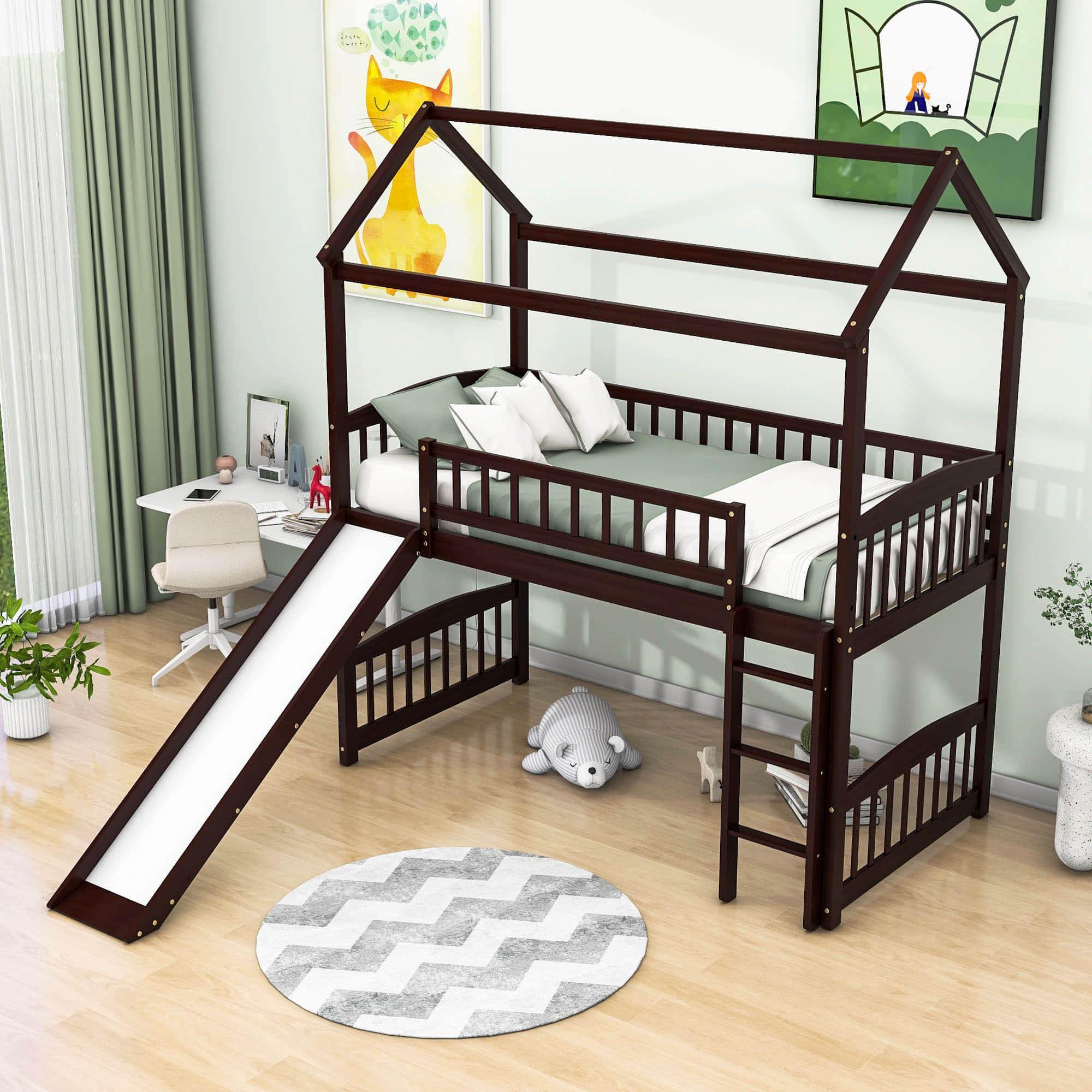 Twin Size Low House Loft Bed with Slide for Kids - [Wood]