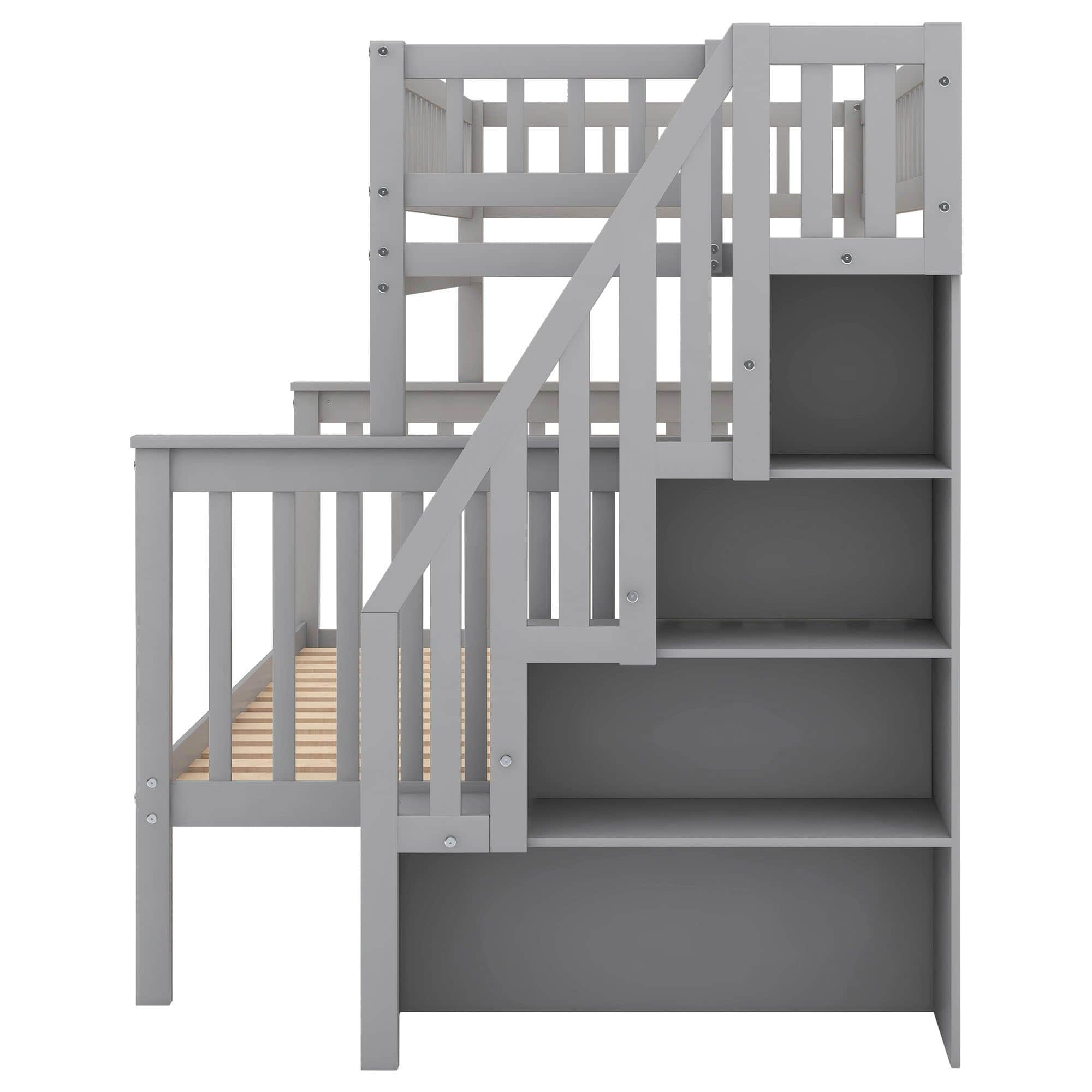 Twin Over Full Wooden Bunk Beds with Stairs and Storage Shelves