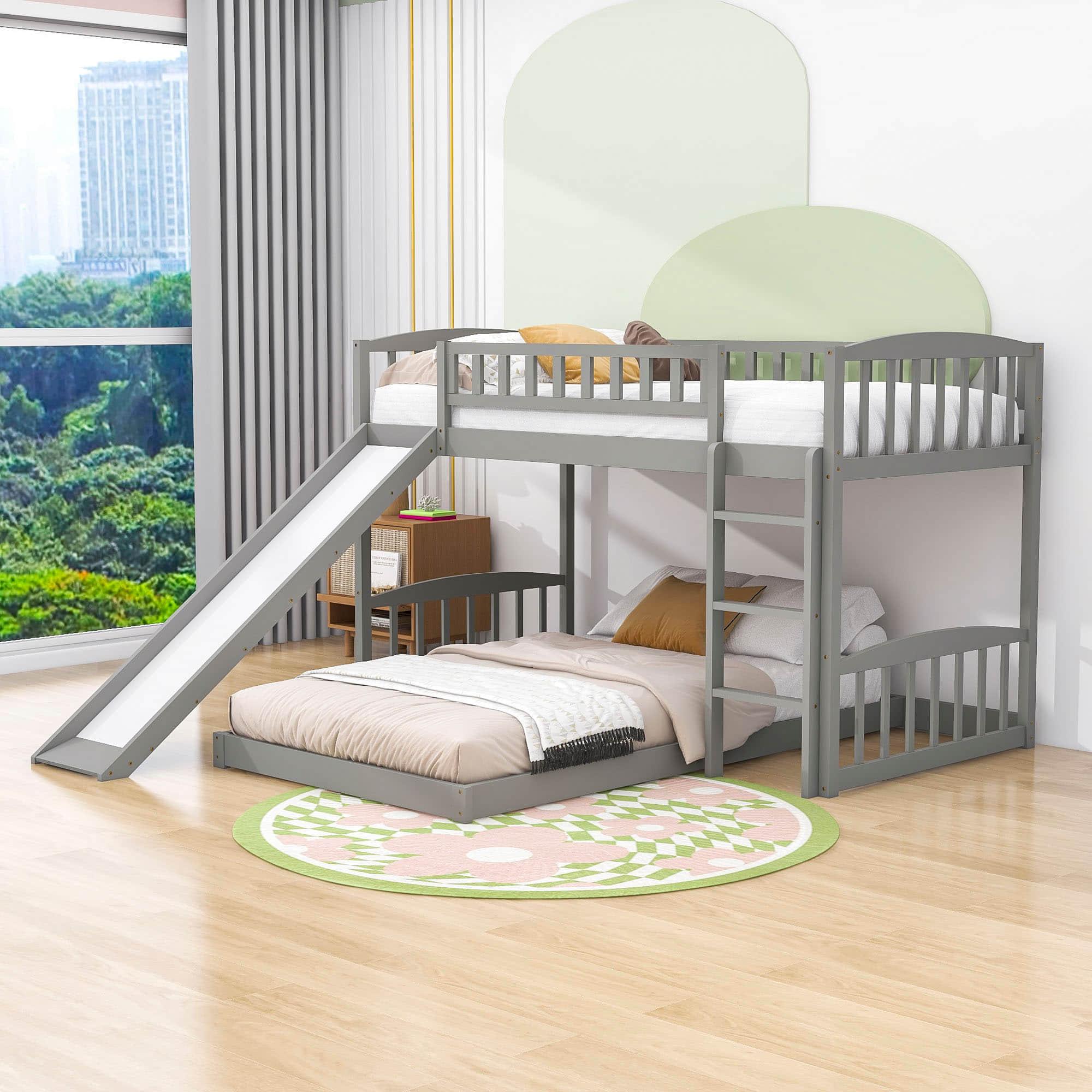 Montessori L-Shaped Twin Over Twin Floor Bunk Bed with Slide and Ladder - [Wooden]