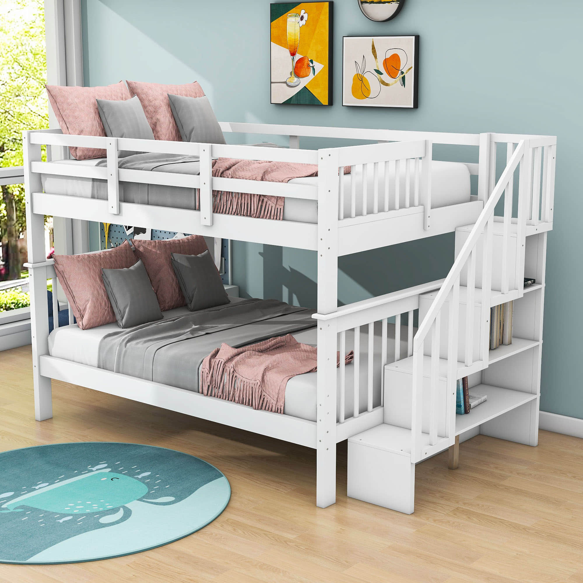 Wooden Full Over Full Bunk Beds with Storage and Stairs - [Detachable]