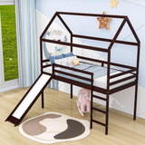 Wood Twin Medium House Loft Bed with Slide and Ladder