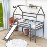 Wood Twin Medium House Loft Bed with Slide and Ladder