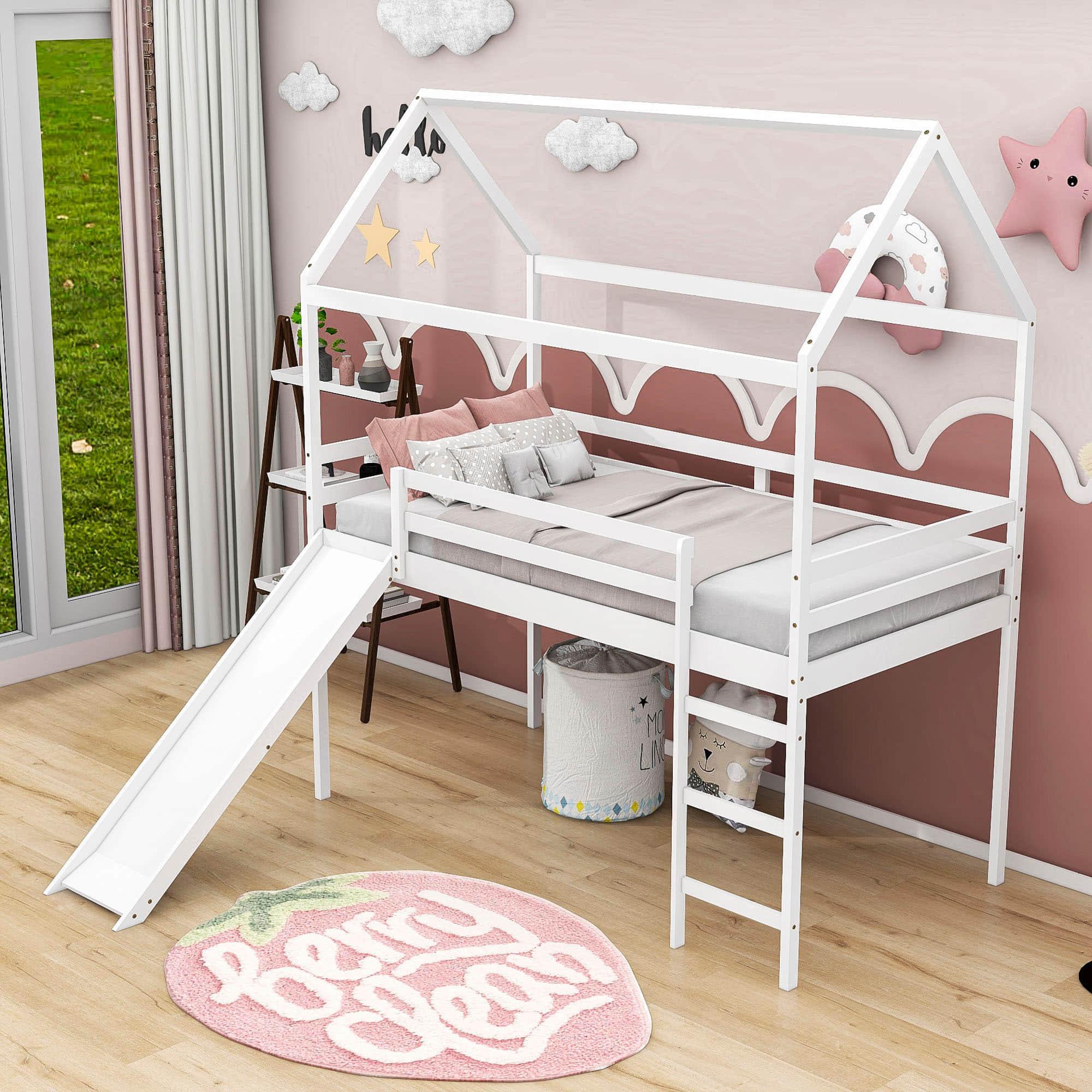 Wood Twin Medium House Loft Bed with Slide and Ladder