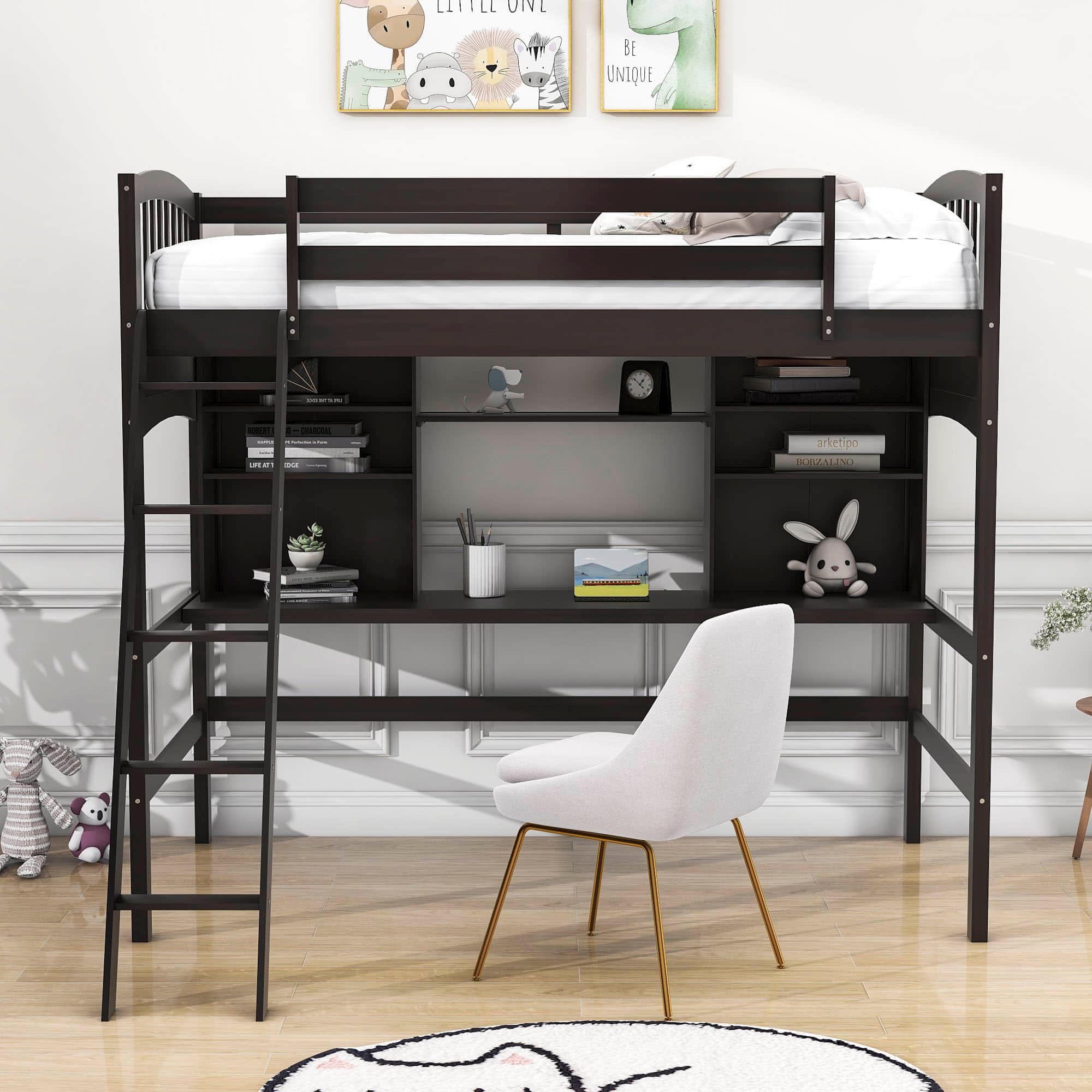 Convertible Twin High Loft Bed with Desk and Shelves - [Storage, Ladder, Wood]