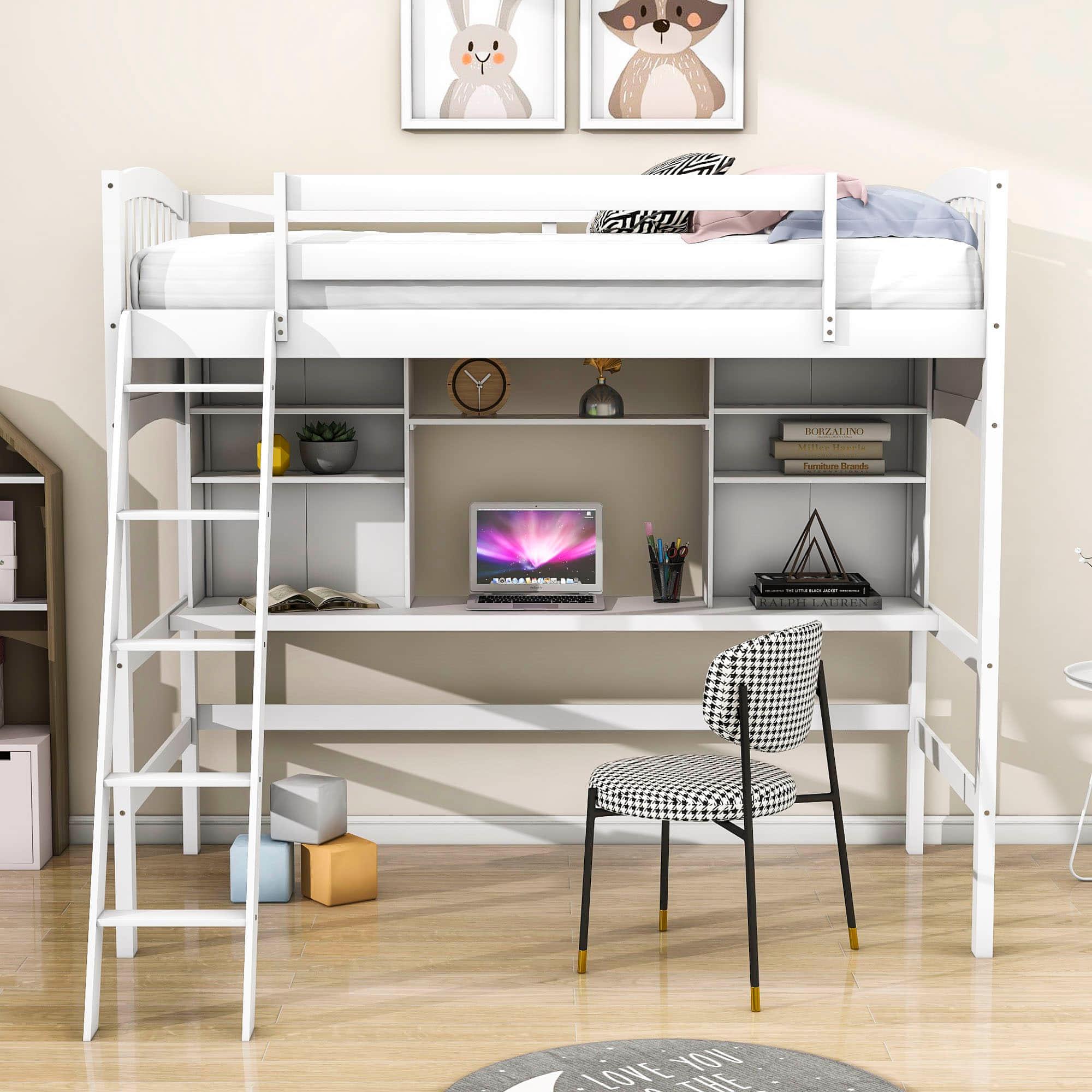 Convertible Twin High Loft Bed with Desk and Shelves - [Storage, Ladder, Wood]