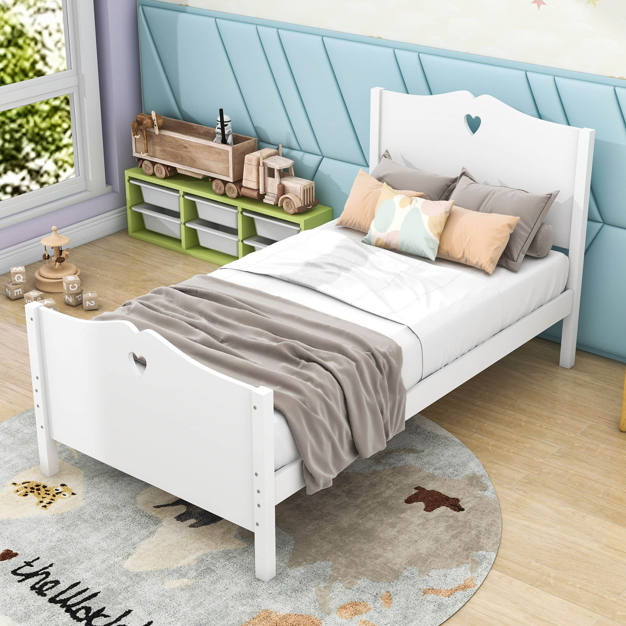 Wood Girls Twin Platform Bed with Headboard and Footboard