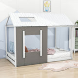 Wood House-Shaped Twin Floor Bed Frame for Toddler, Kids - [Roof]